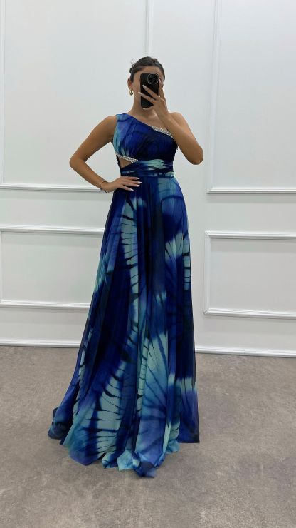 One Shoulder Waist Transparent Embroidery Detail Evening Dress