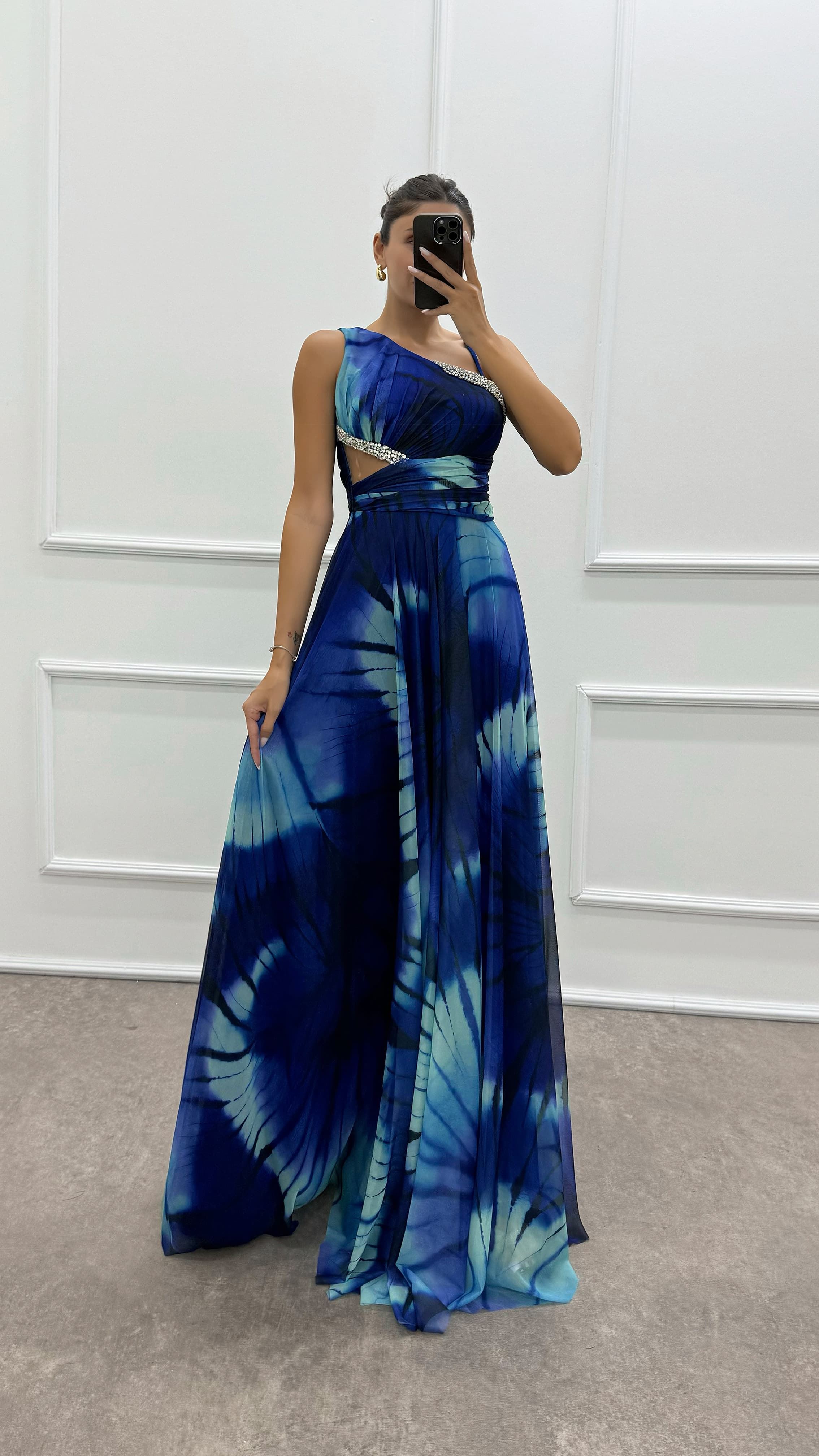 One Shoulder Waist Transparent Embroidery Detail Evening Dress