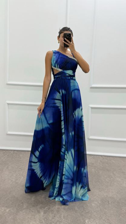 One Shoulder Waist Transparent Embroidery Detail Evening Dress