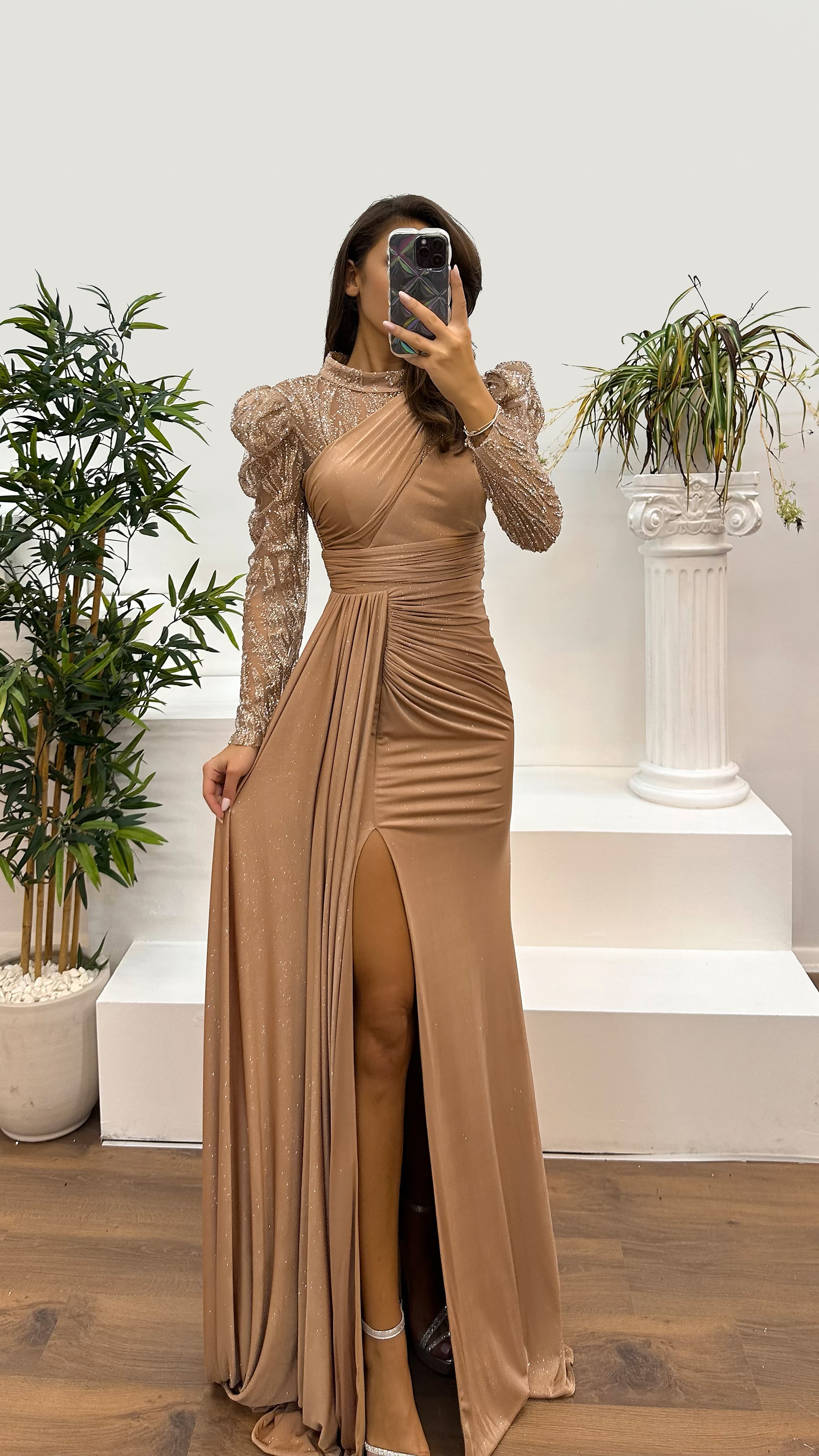 Neck Detail Embroidered Design Evening Dress