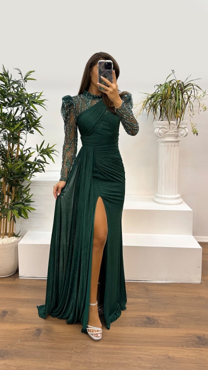Neck Detail Embroidered Design Evening Dress