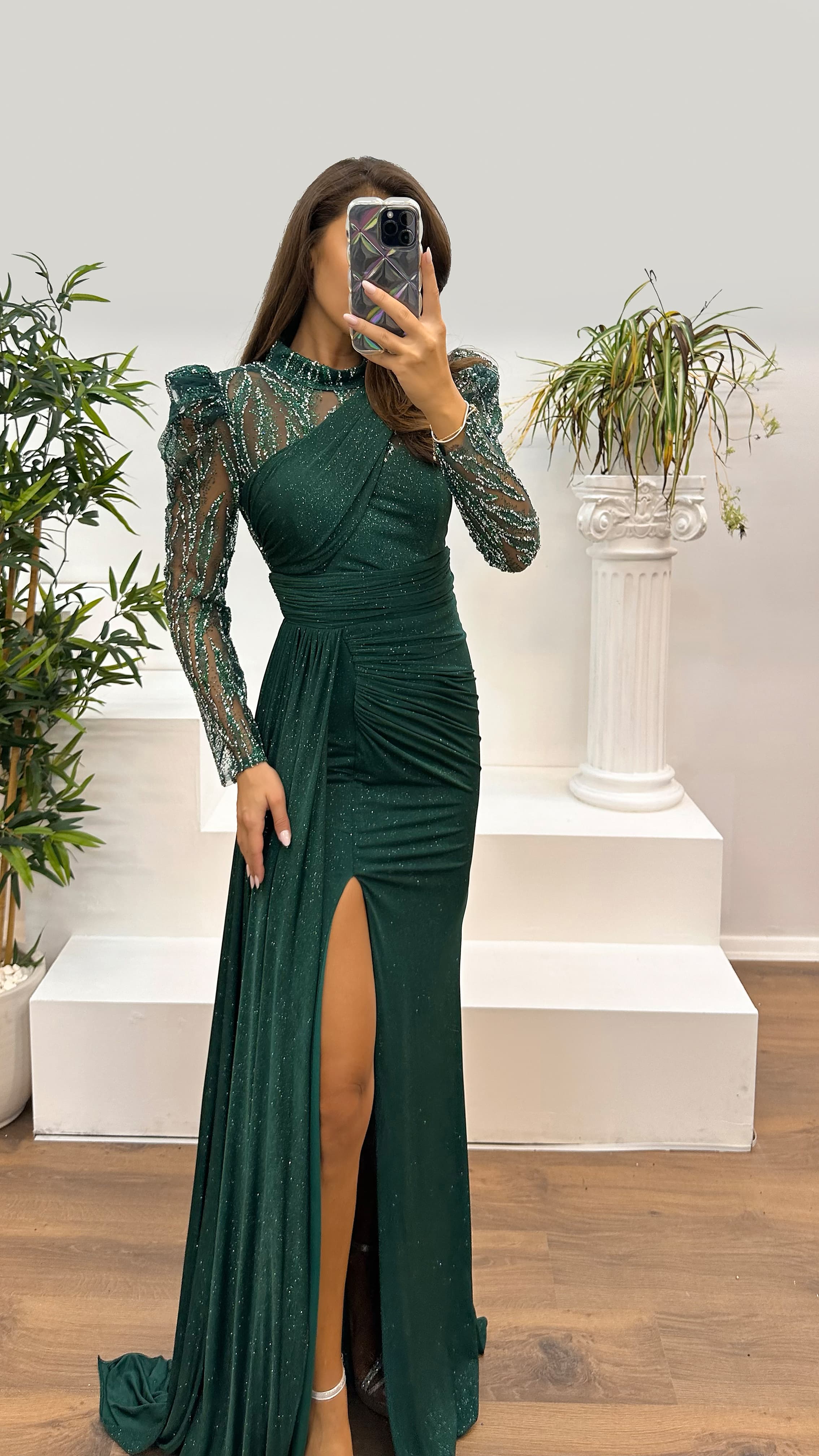 Neck Detail Embroidered Design Evening Dress