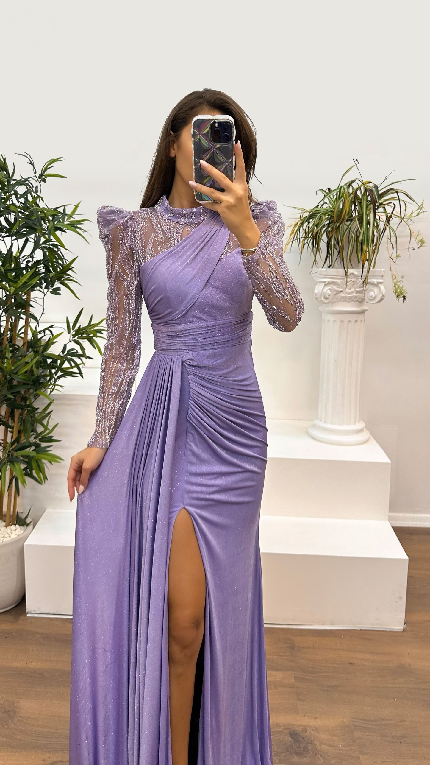 Neck Detail Embroidered Design Evening Dress