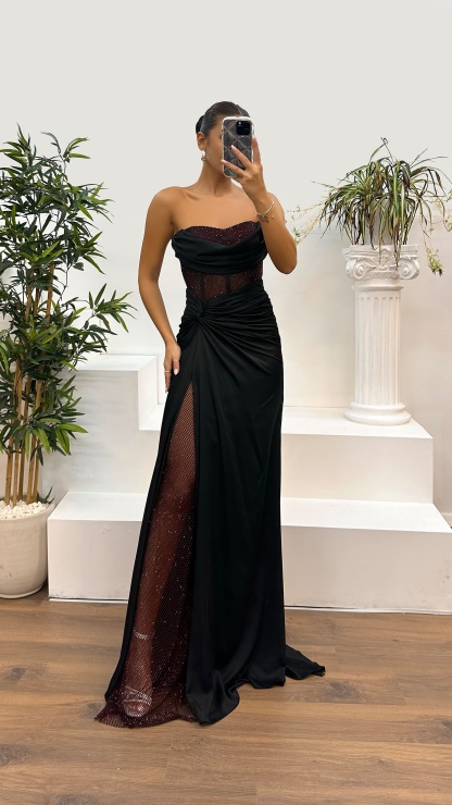 Waist Transparent Draped Design Satin Dress