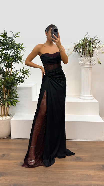 Waist Transparent Draped Design Satin Dress