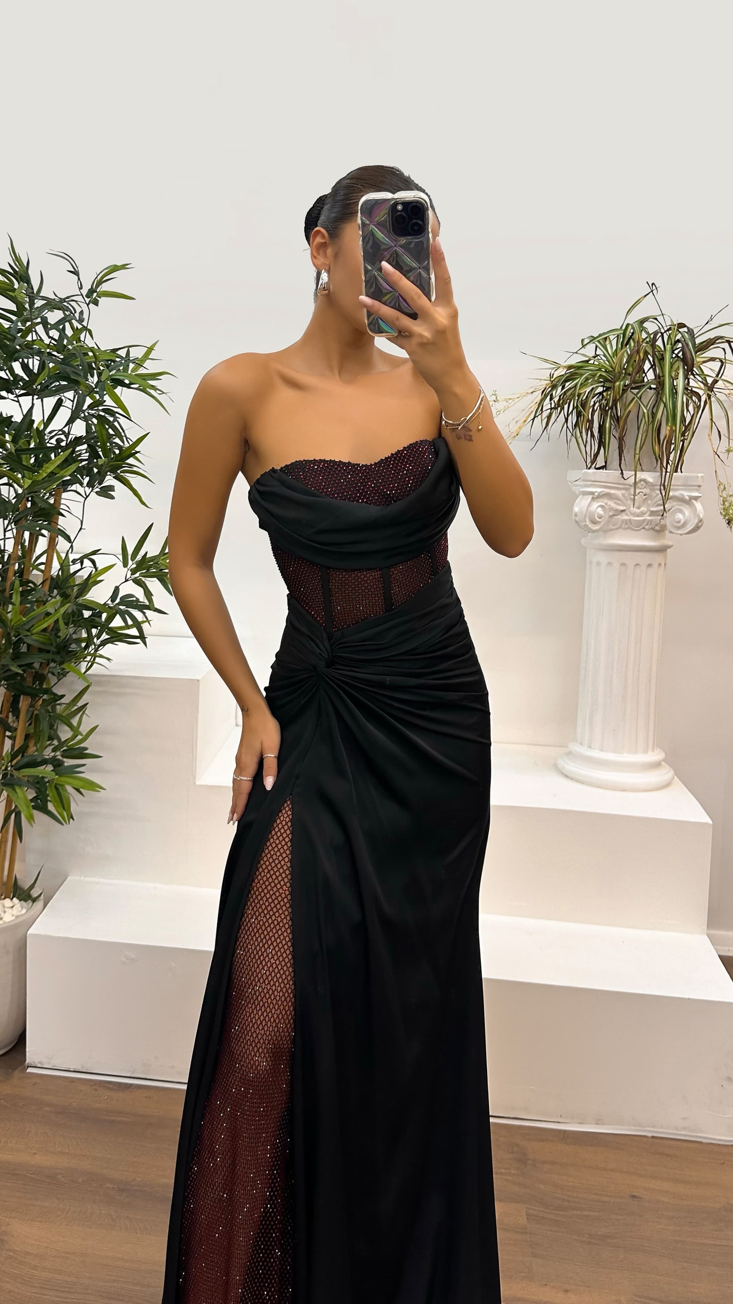 Waist Transparent Draped Design Satin Dress