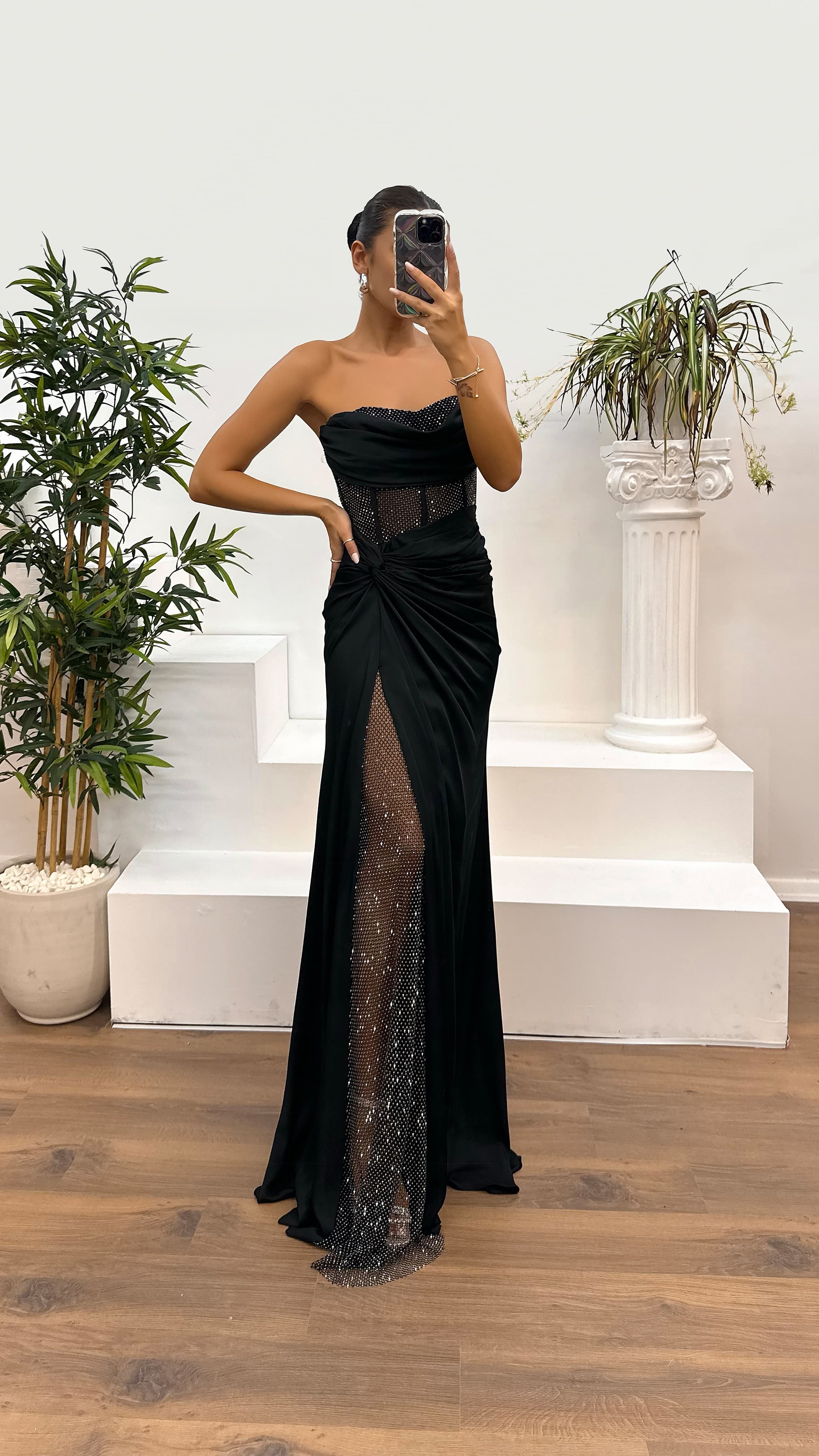 Waist Transparent Draped Design Satin Dress