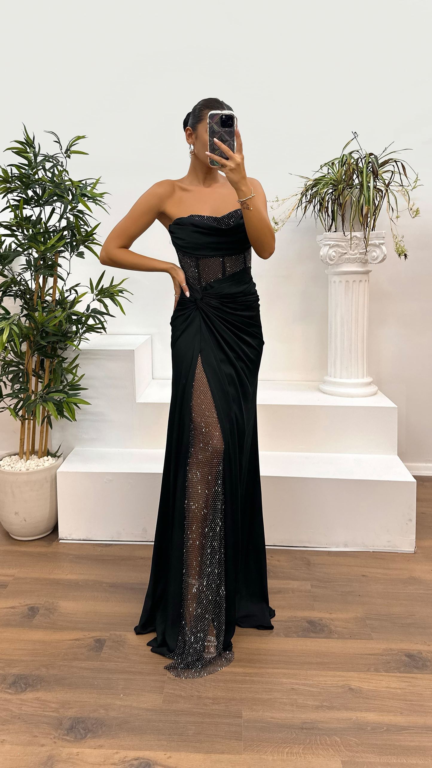 Waist Transparent Draped Design Satin Dress