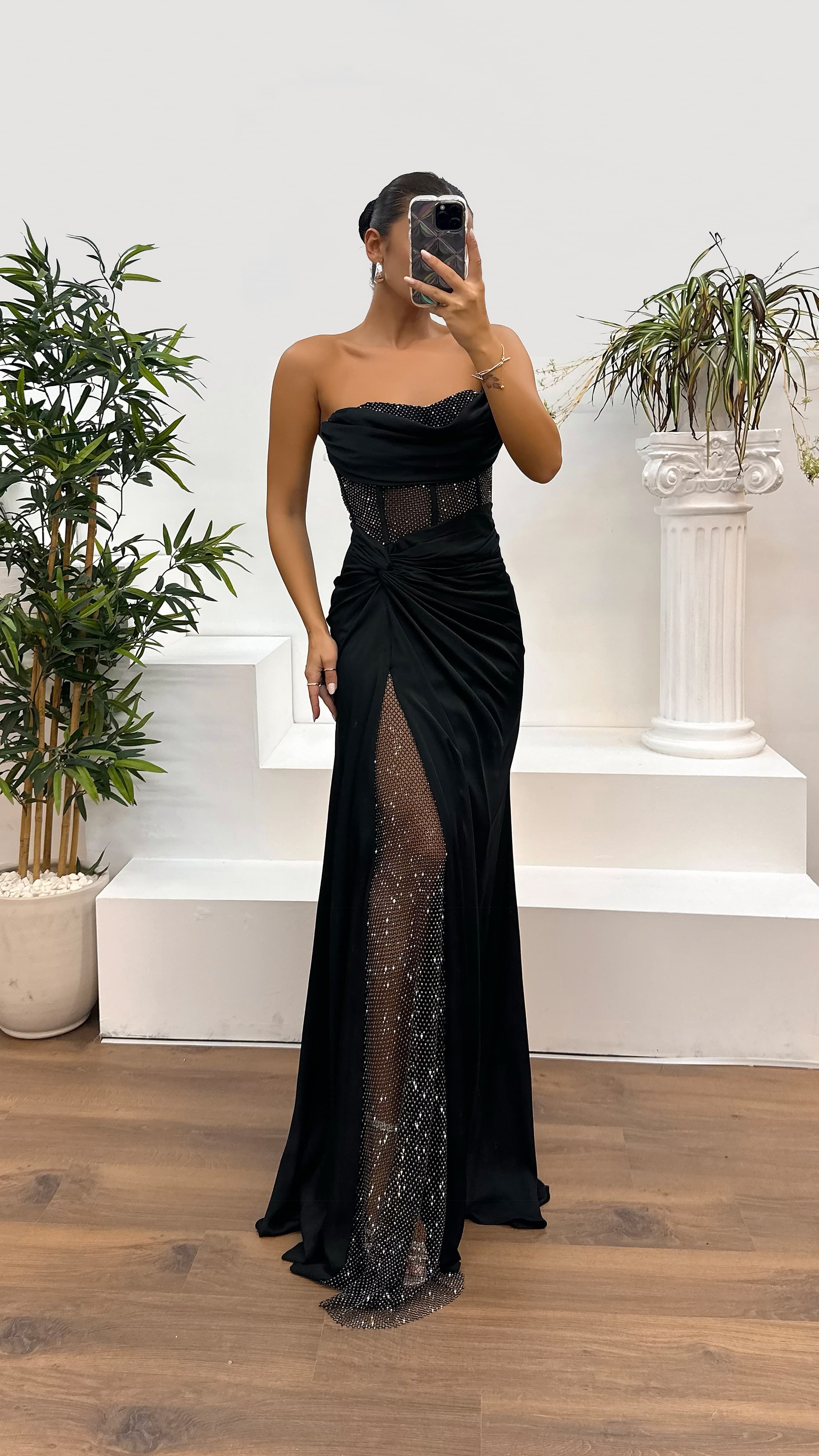 Waist Transparent Draped Design Satin Dress