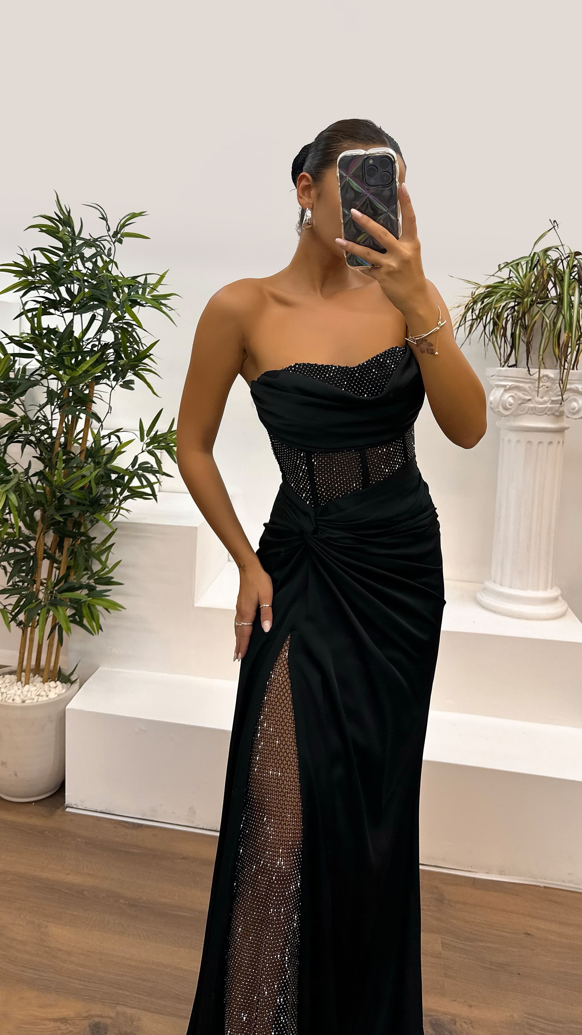 Waist Transparent Draped Design Satin Dress