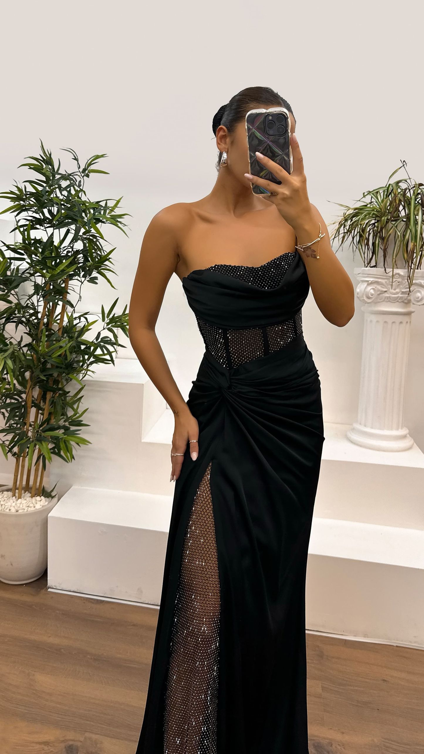 Waist Transparent Draped Design Satin Dress