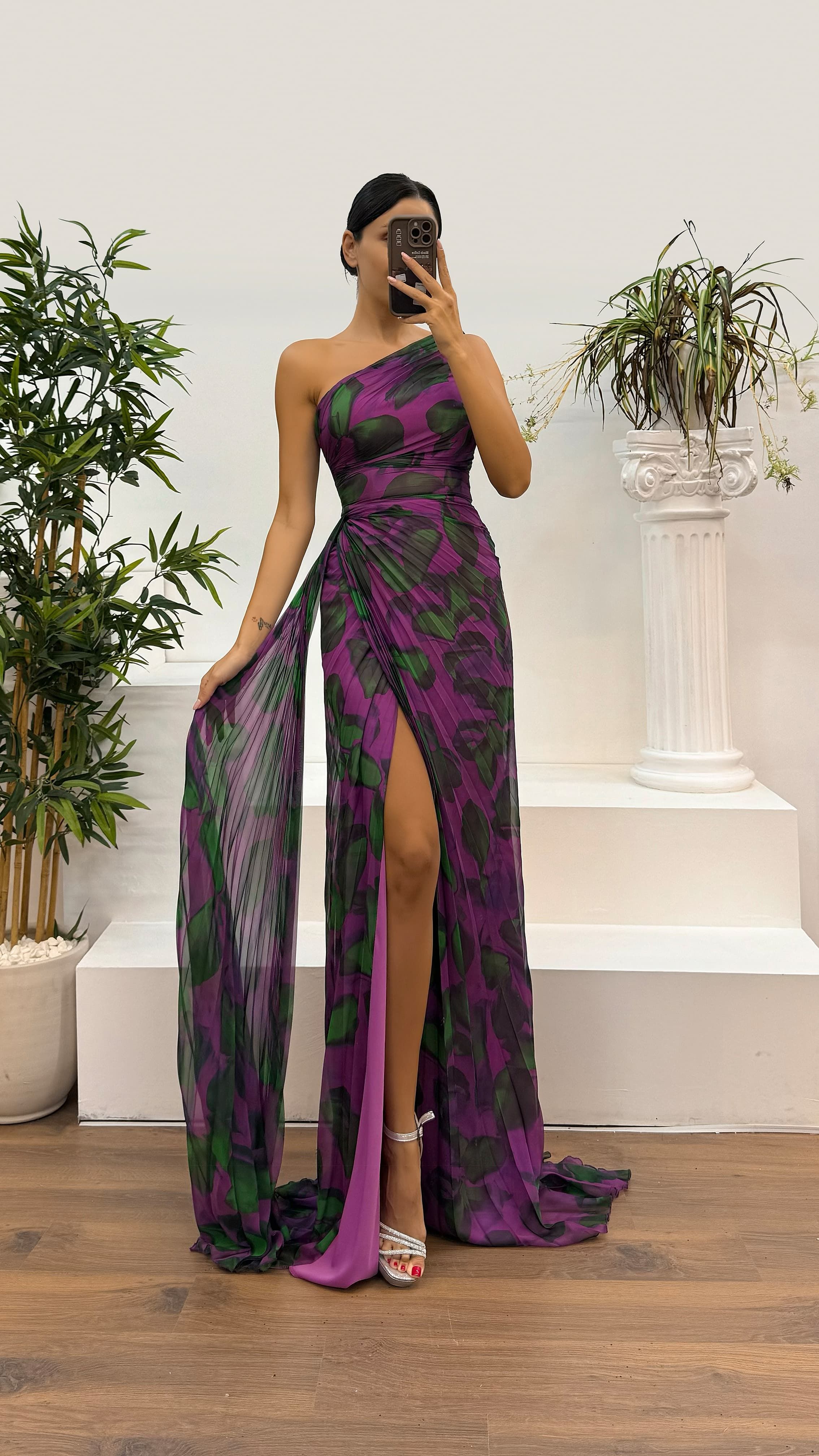 One Shoulder Patterned Pleated Evening Dress