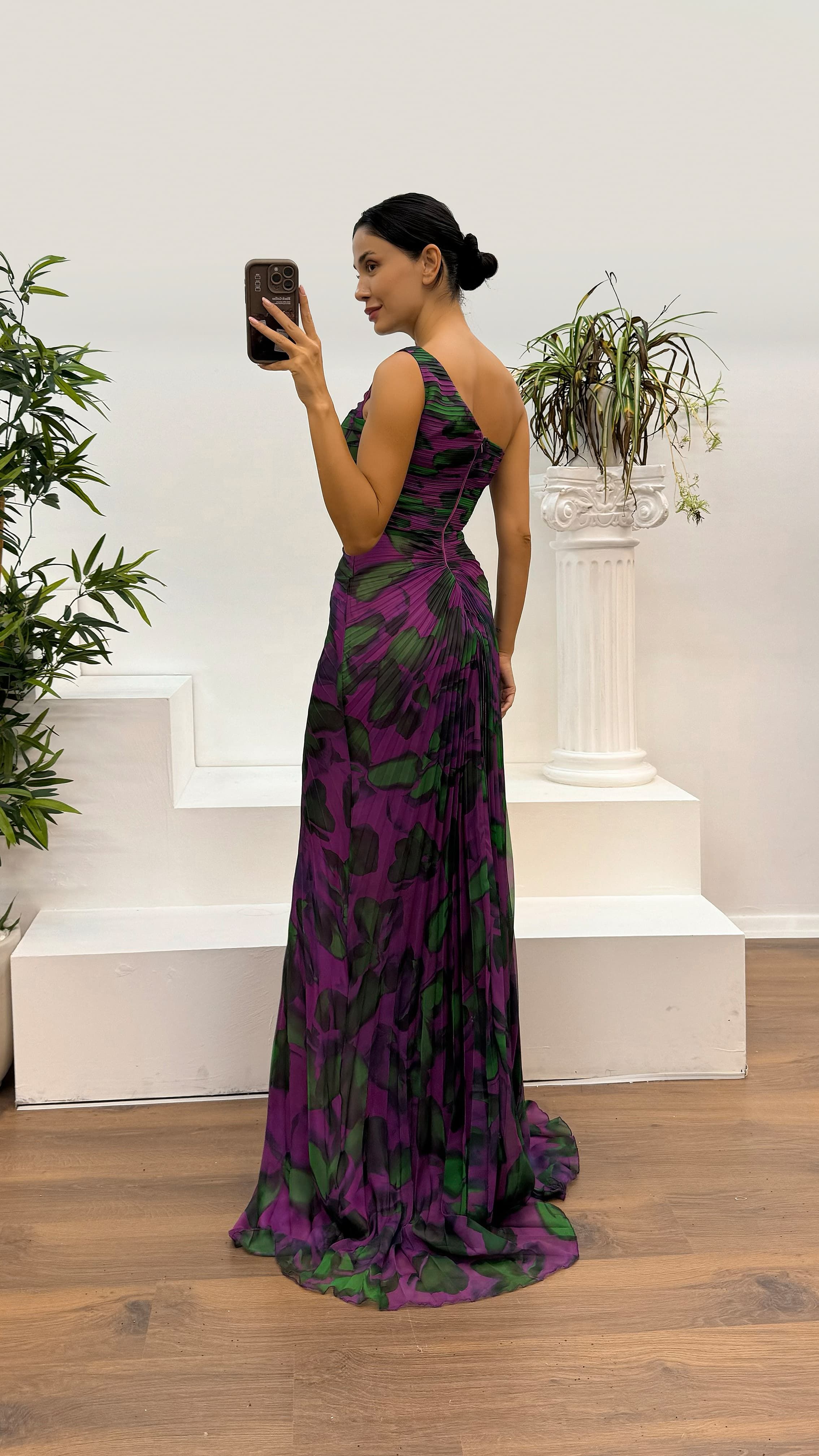 One Shoulder Patterned Pleated Evening Dress