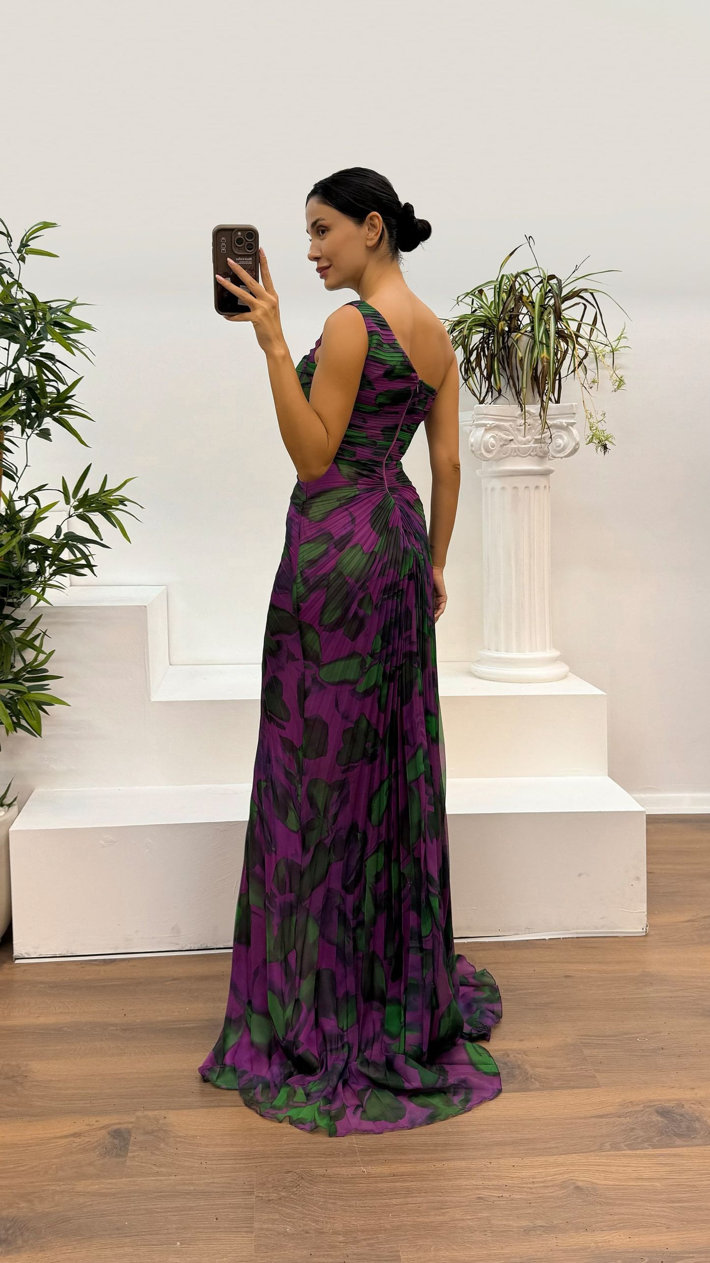 One Shoulder Patterned Pleated Evening Dress