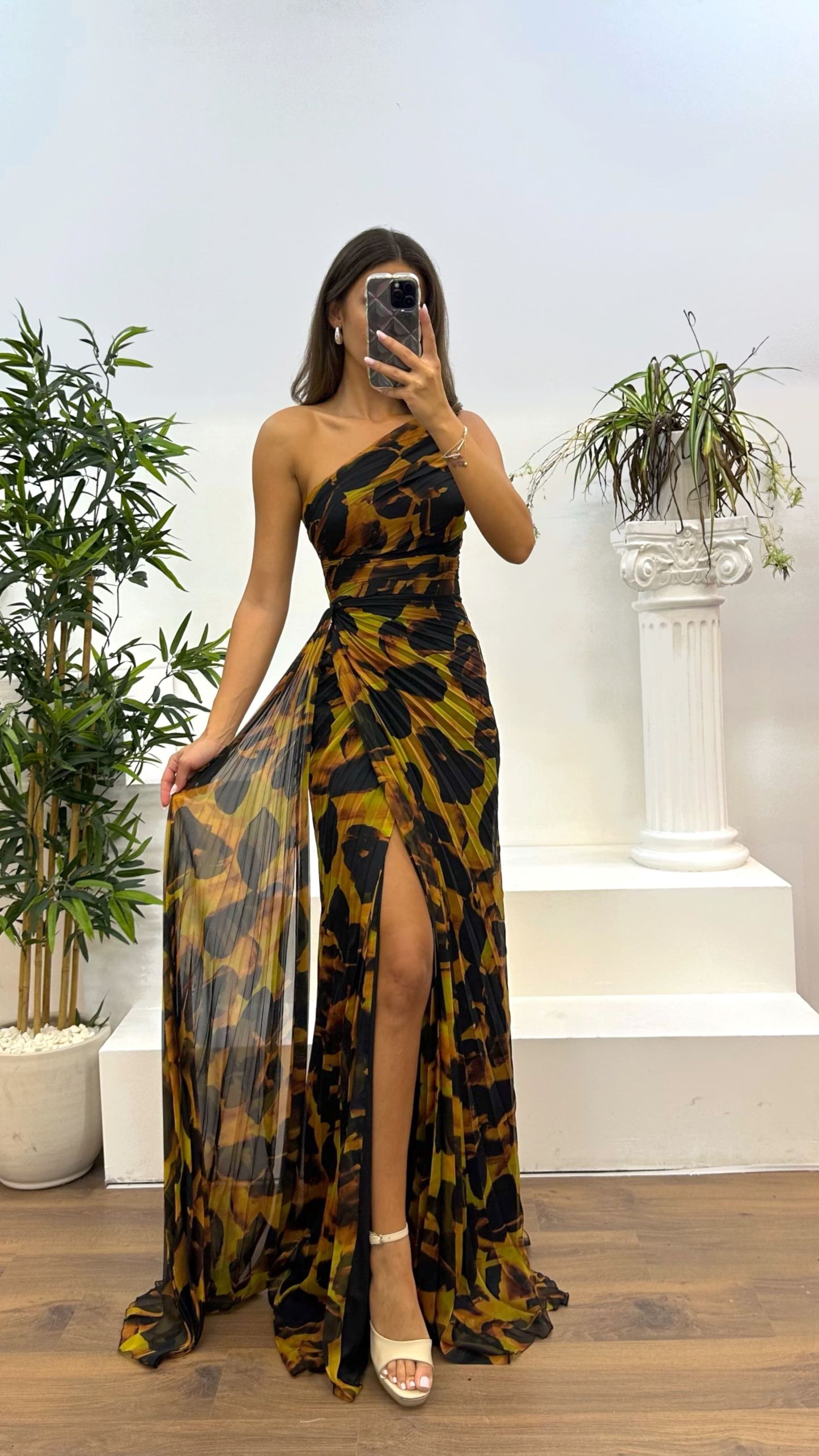 One Shoulder Patterned Pleated Evening Dress
