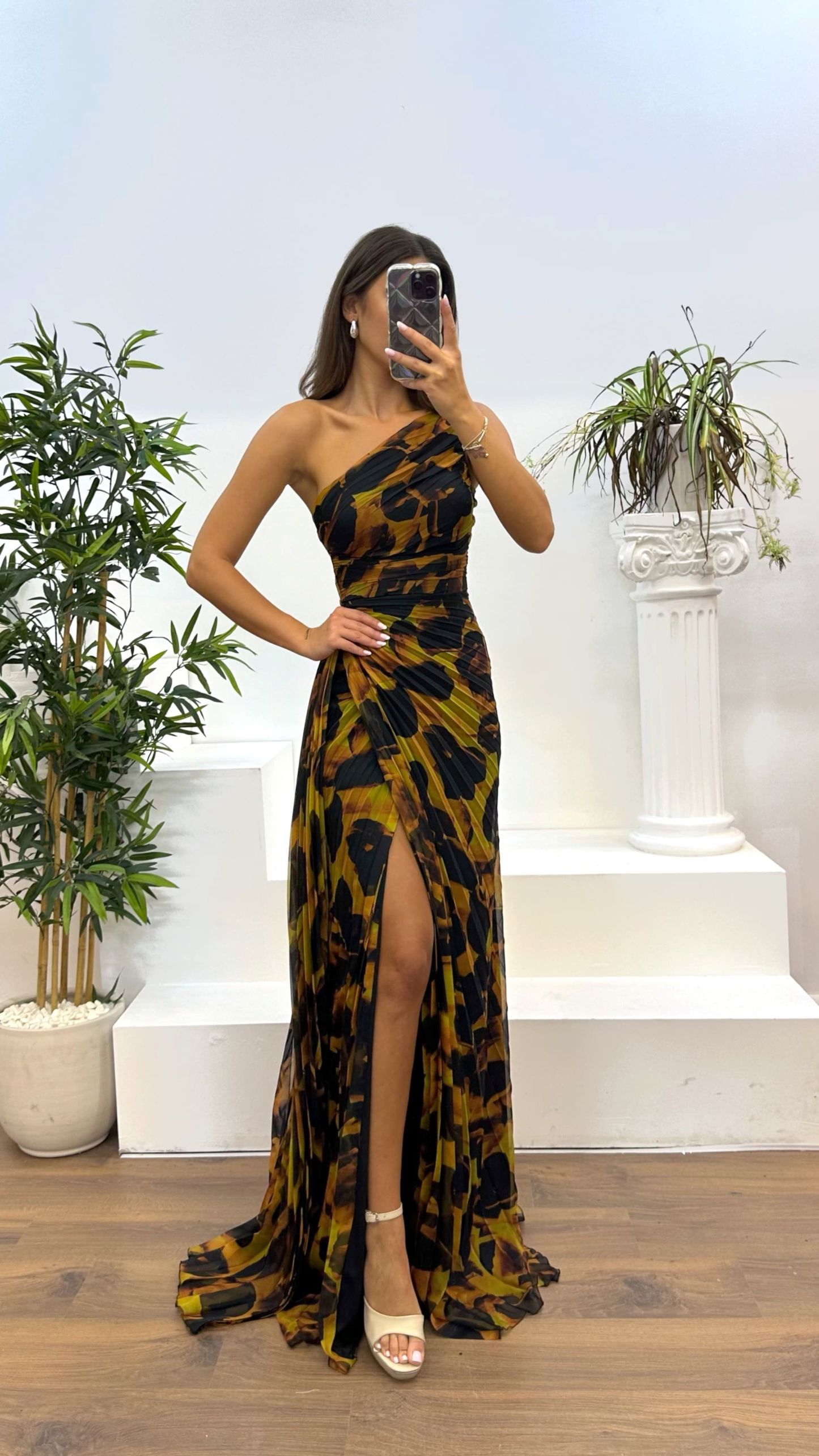 One Shoulder Patterned Pleated Evening Dress