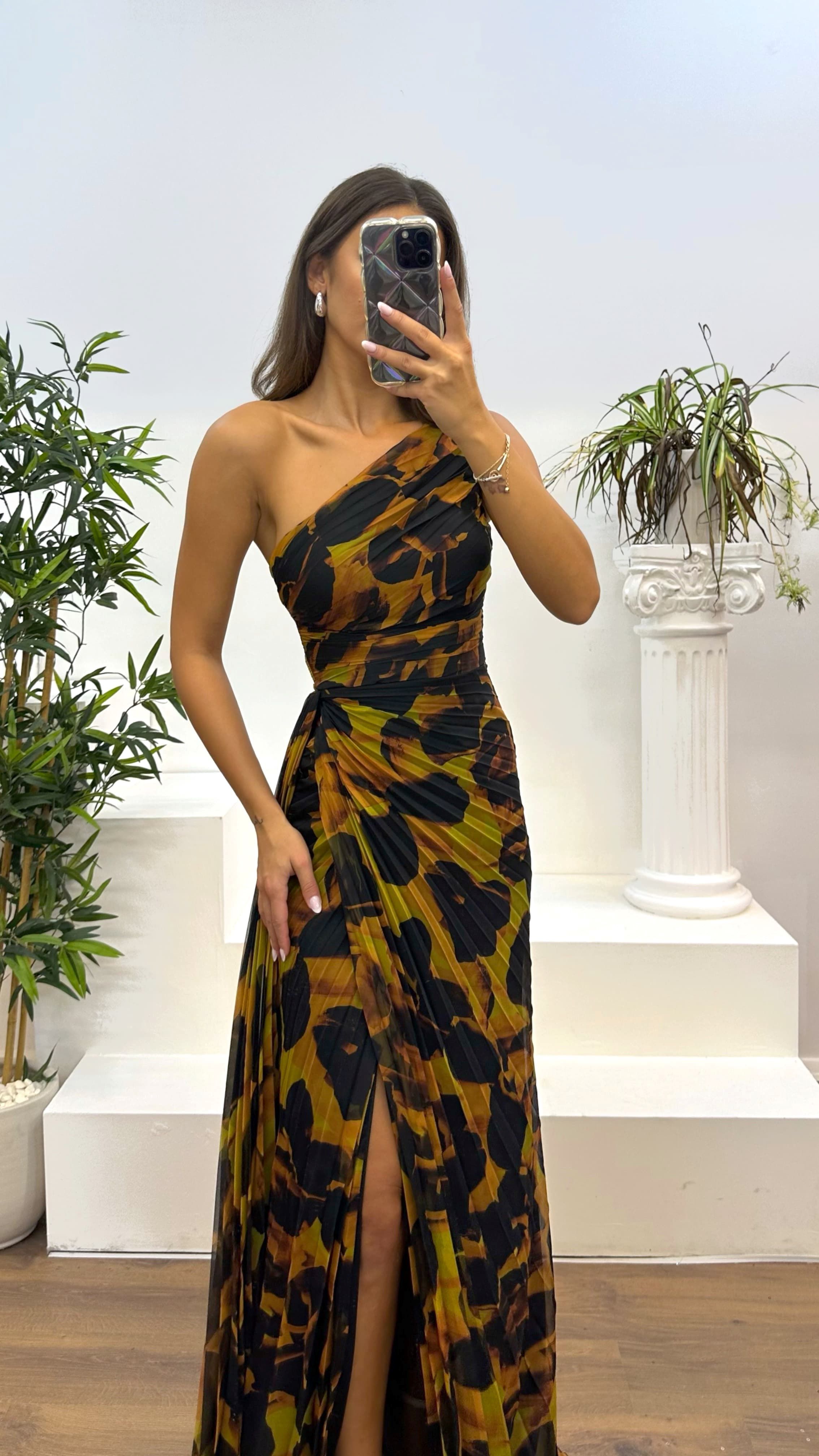 One Shoulder Patterned Pleated Evening Dress