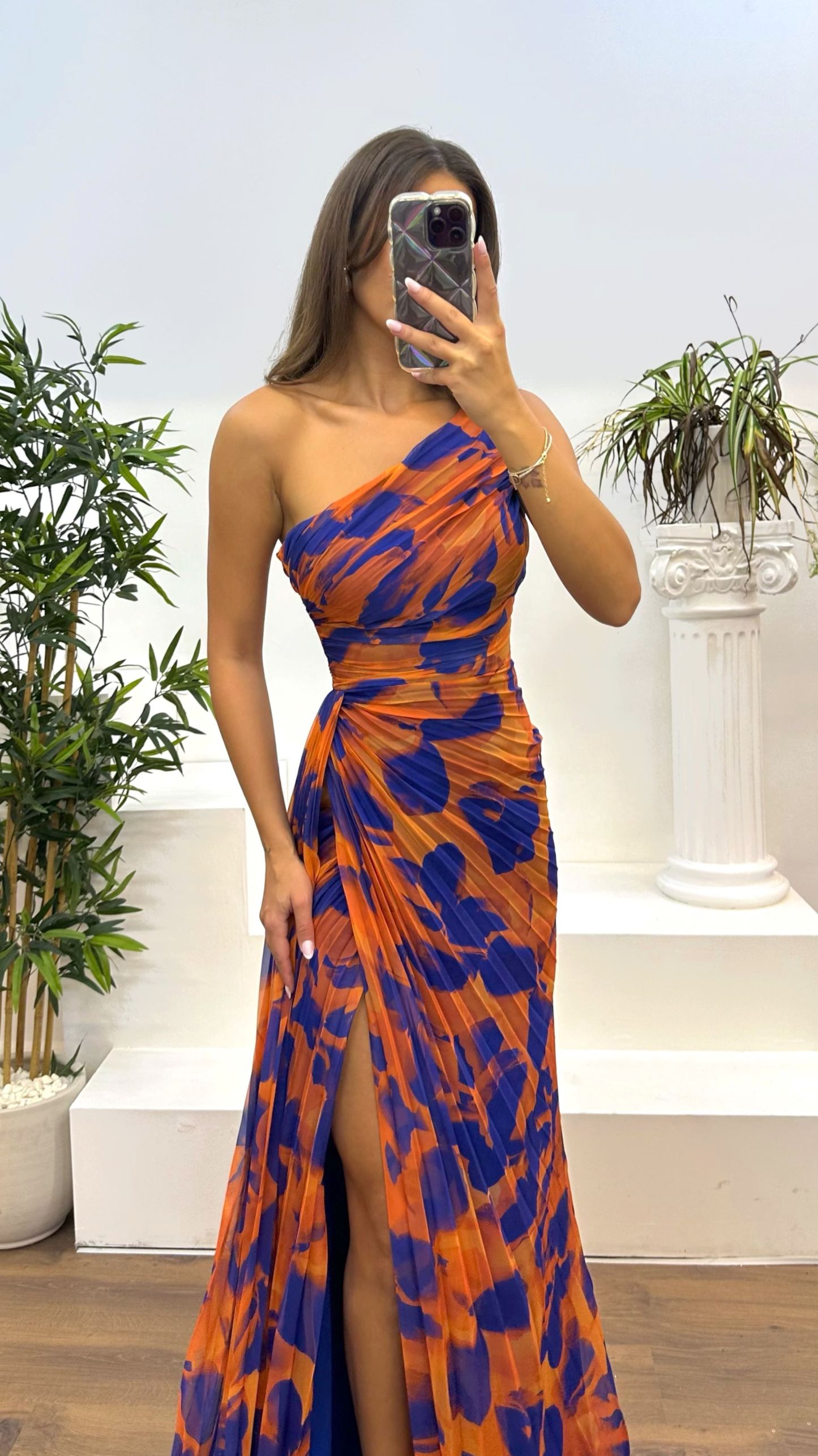 One Shoulder Patterned Pleated Evening Dress