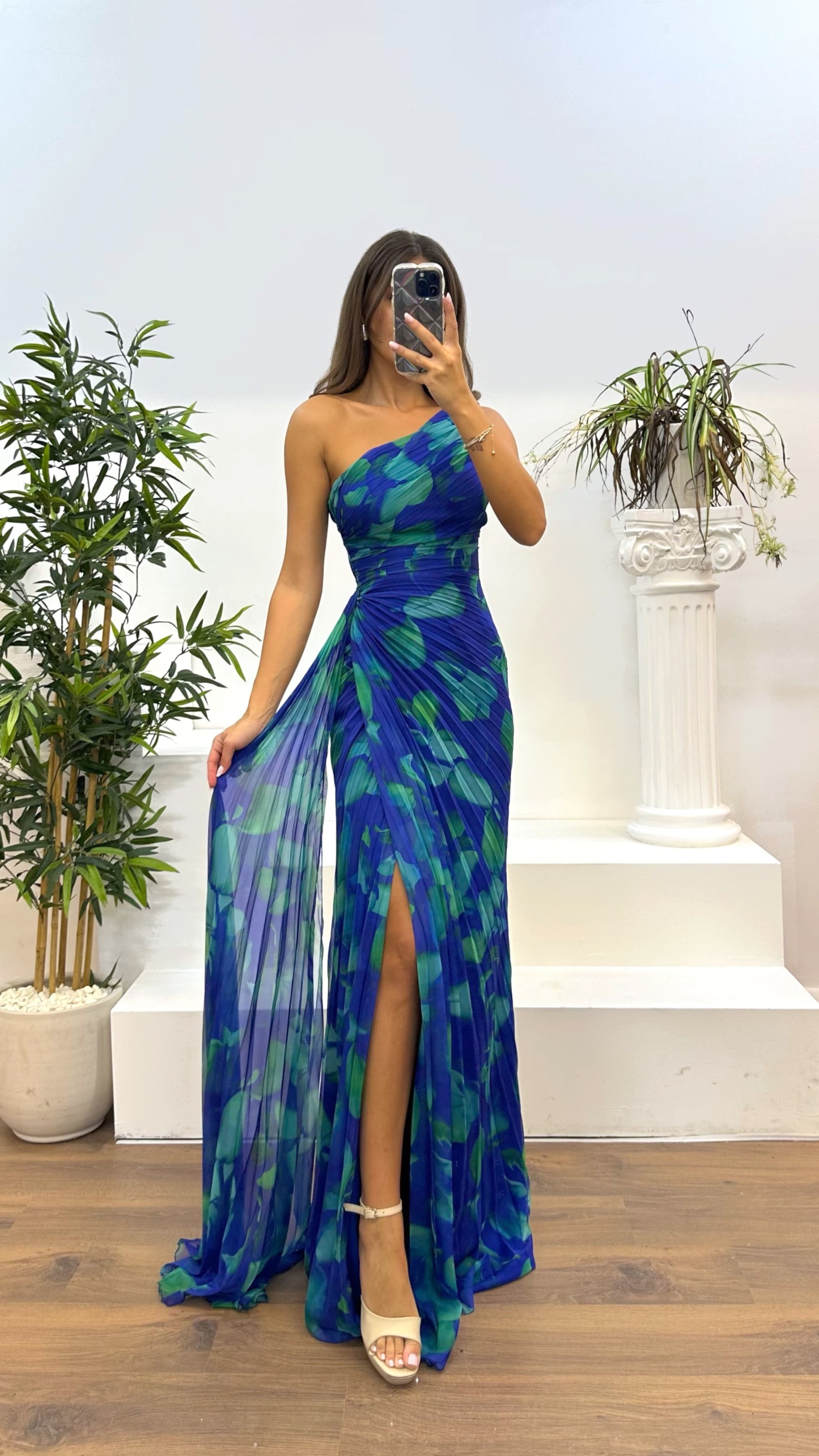 One Shoulder Patterned Pleated Evening Dress
