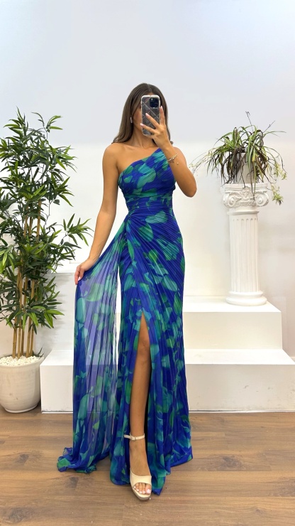 One Shoulder Patterned Pleated Evening Dress