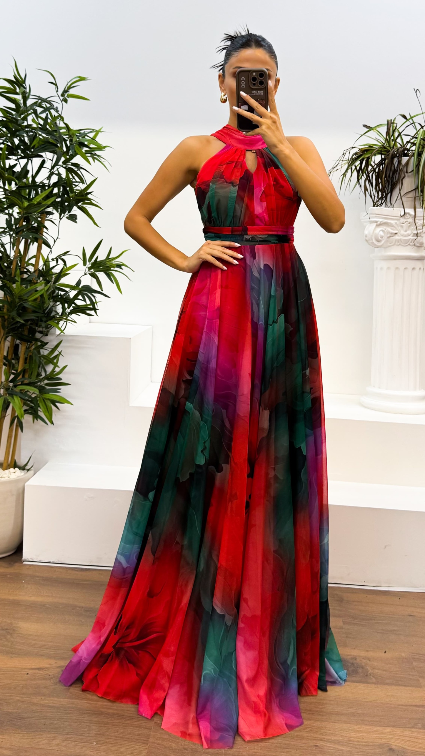 Neck Detail Patterned Chiffon Dress