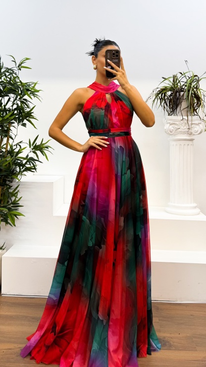 Neck Detail Patterned Chiffon Dress