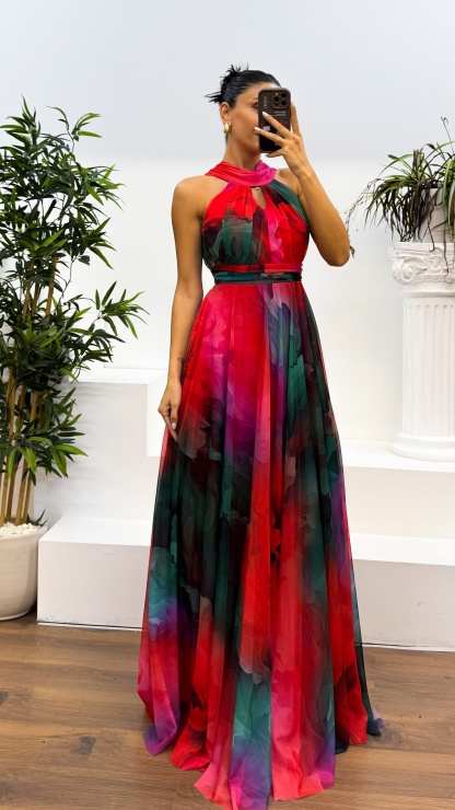 Neck Detail Patterned Chiffon Dress