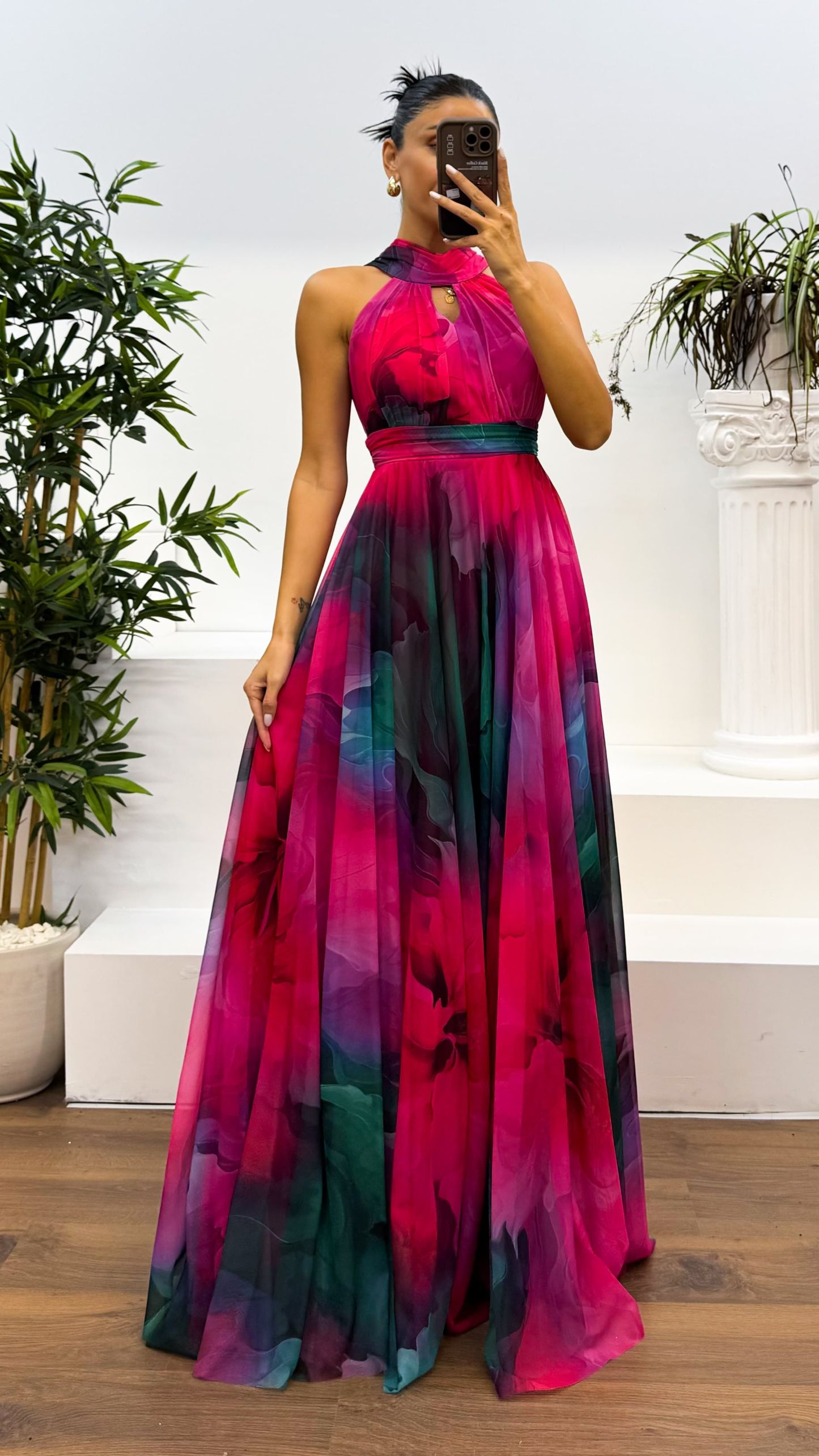 Neck Detail Patterned Chiffon Dress