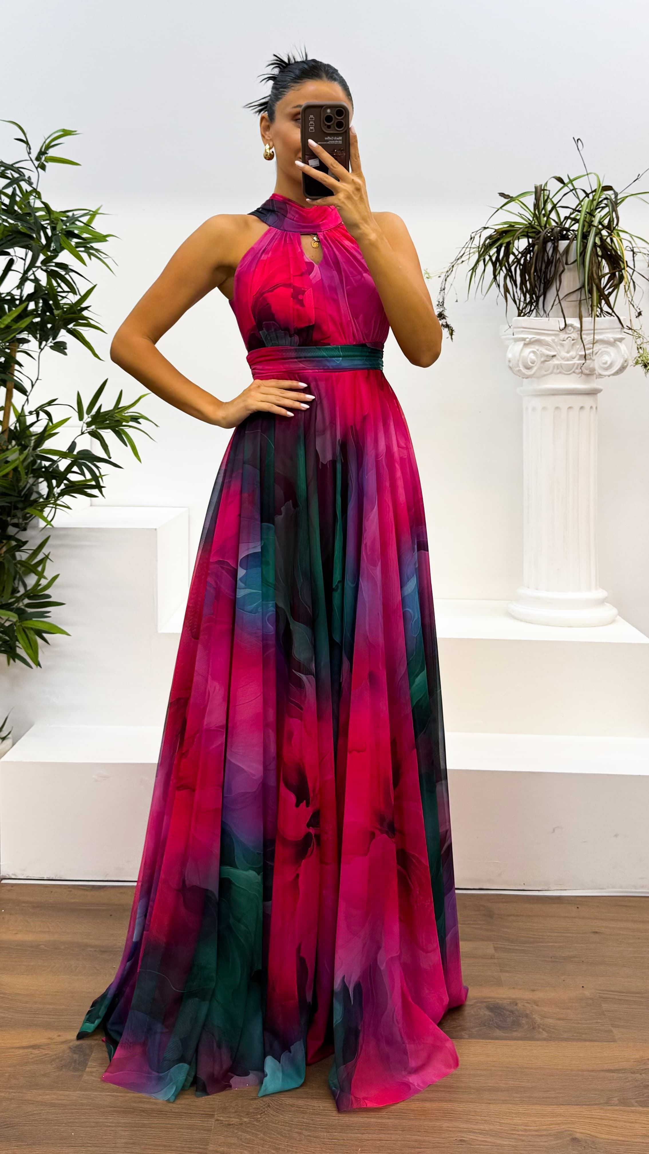 Neck Detail Patterned Chiffon Dress