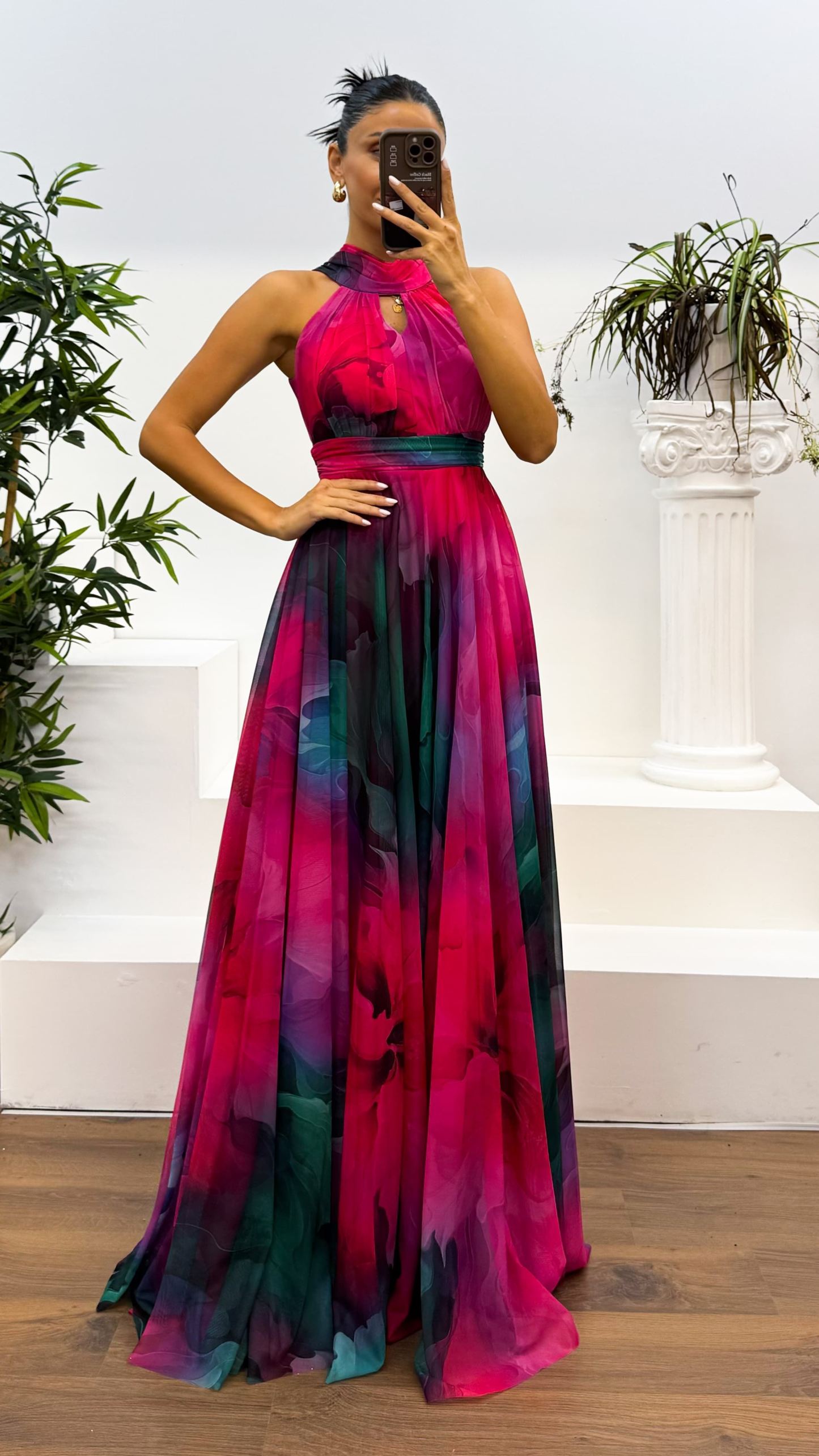 Neck Detail Patterned Chiffon Dress