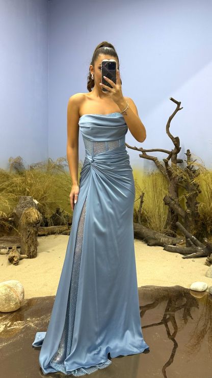 Waist Transparent Draped Design Satin Dress