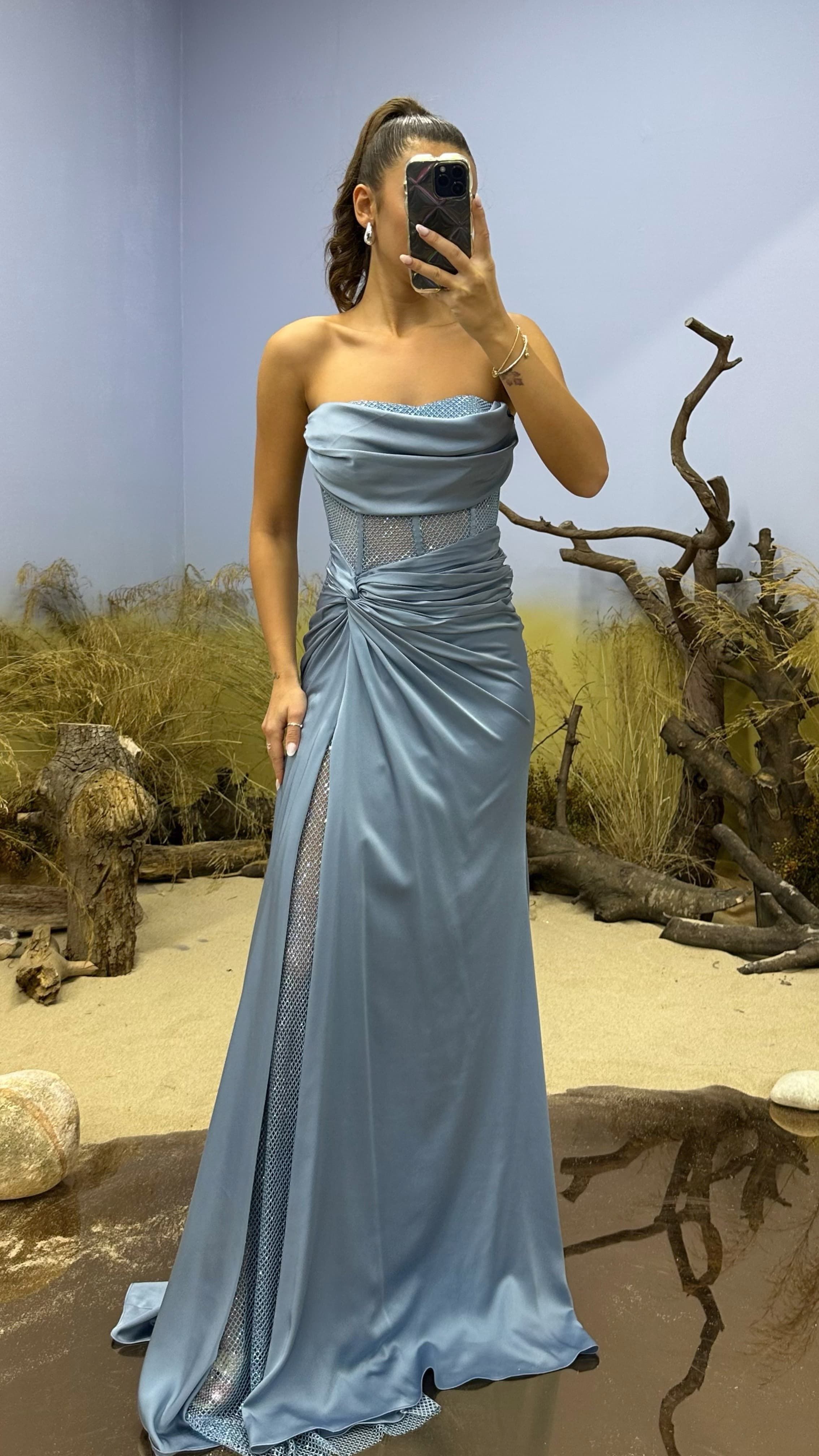 Waist Transparent Draped Design Satin Dress