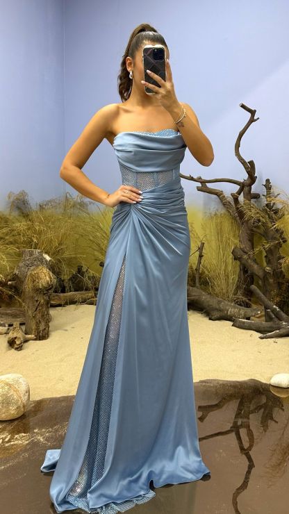 Waist Transparent Draped Design Satin Dress