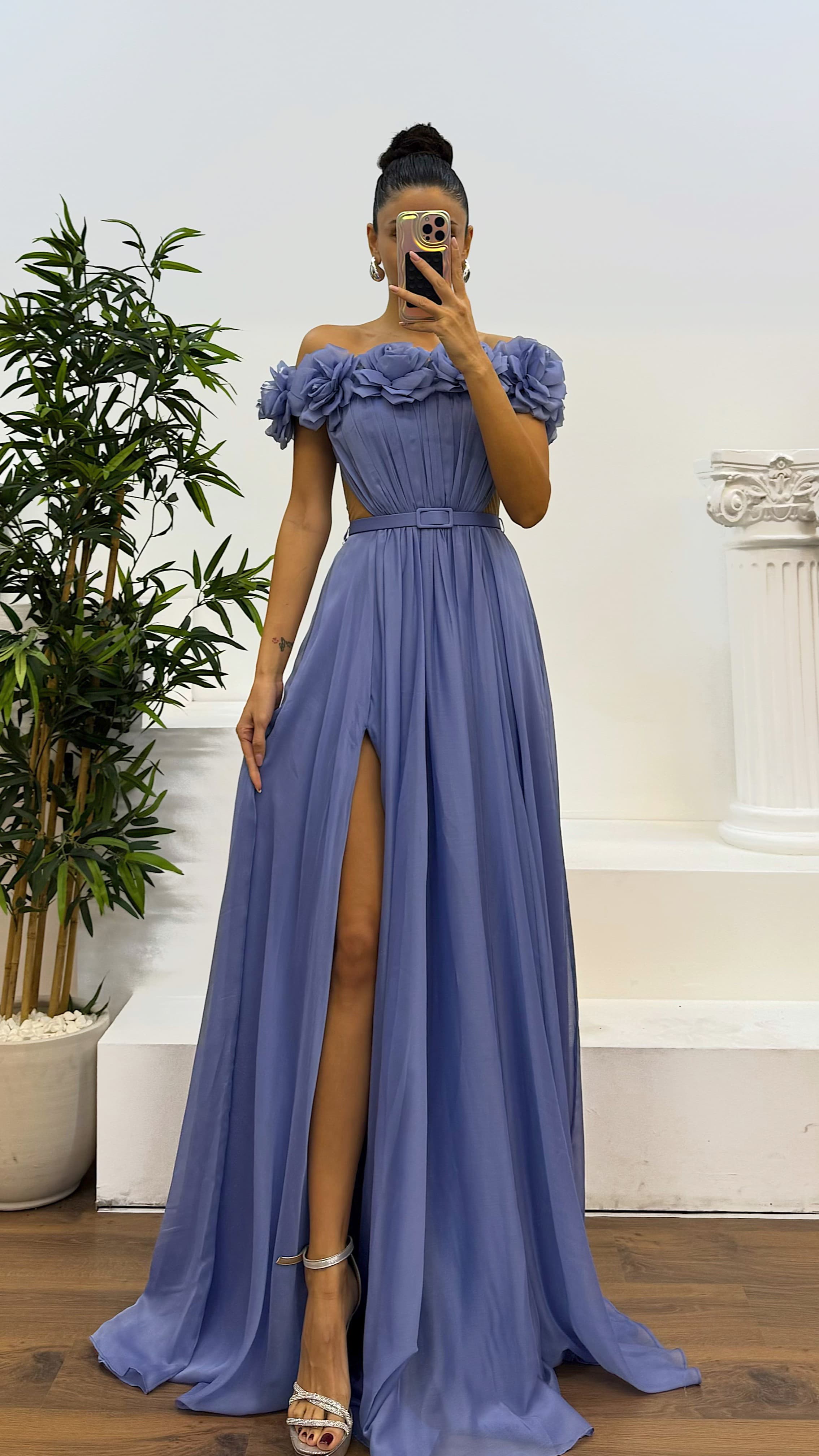 Strapless Chest Rose Waist Detail Evening Dress