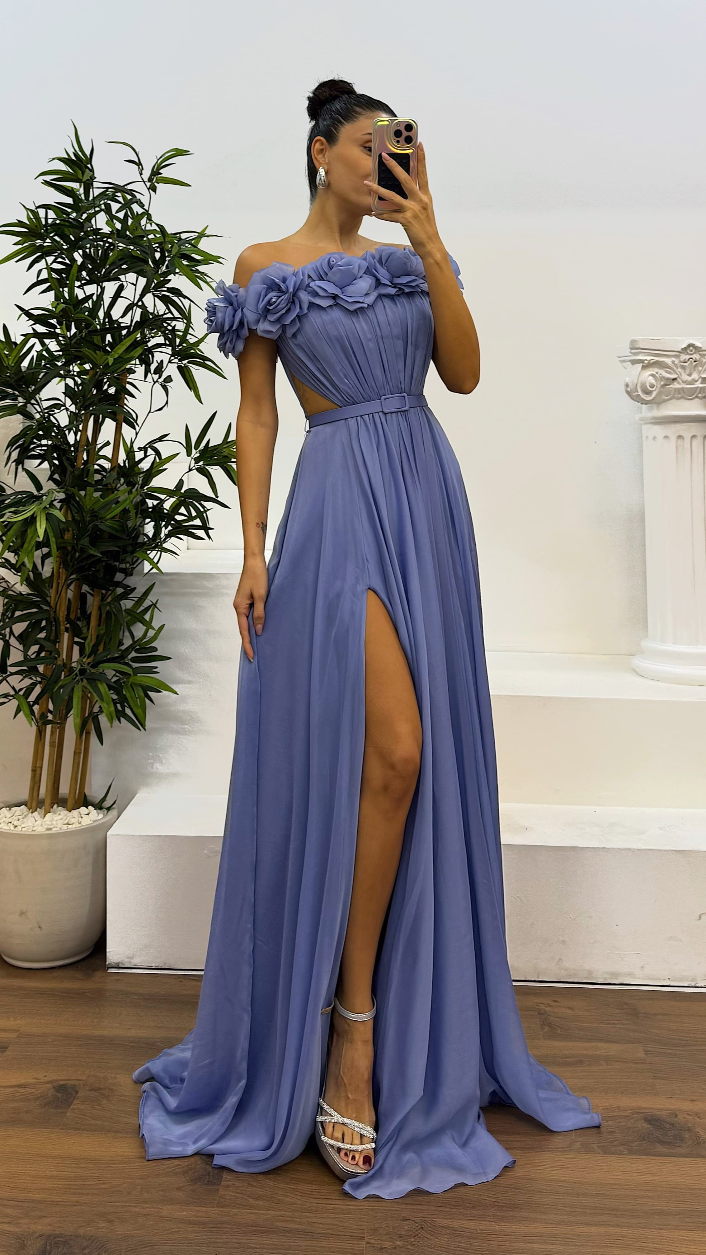 Strapless Chest Rose Waist Detail Evening Dress