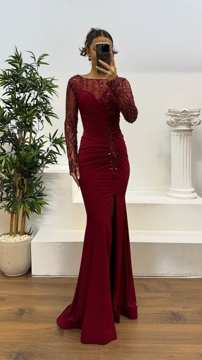 Embroidered Drape Detail Evening Dress