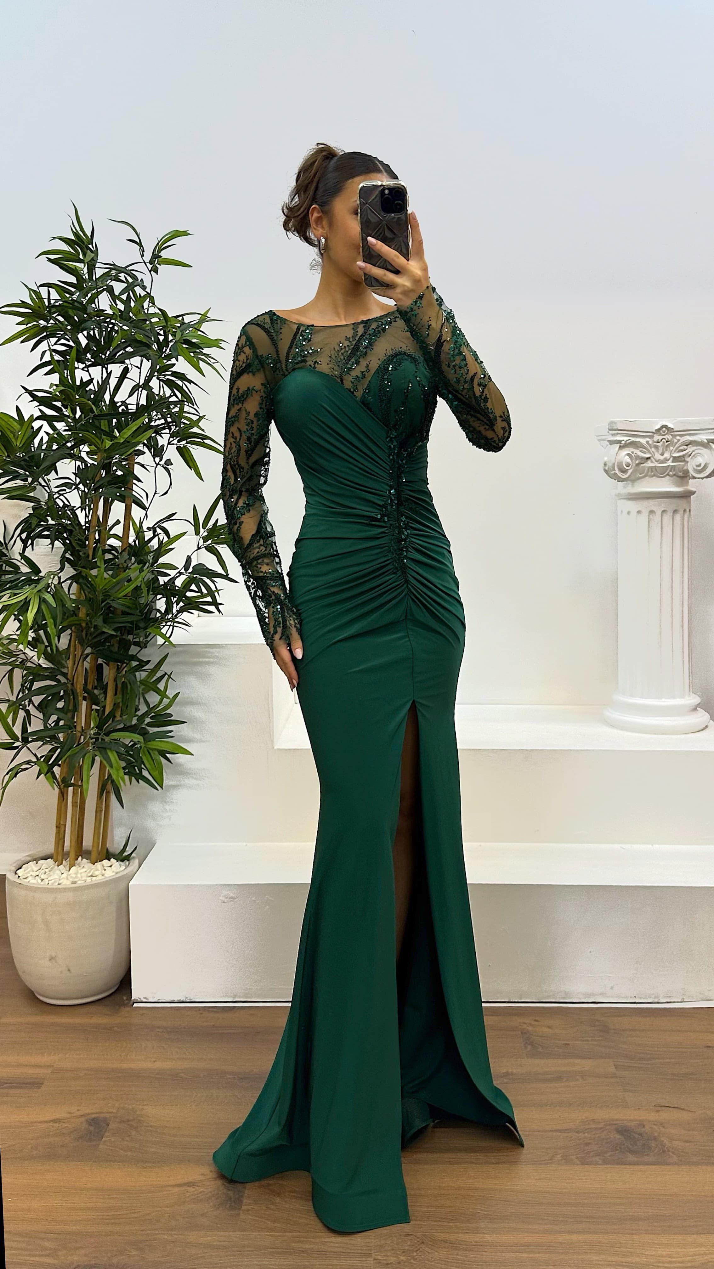 Embroidered Drape Detail Evening Dress