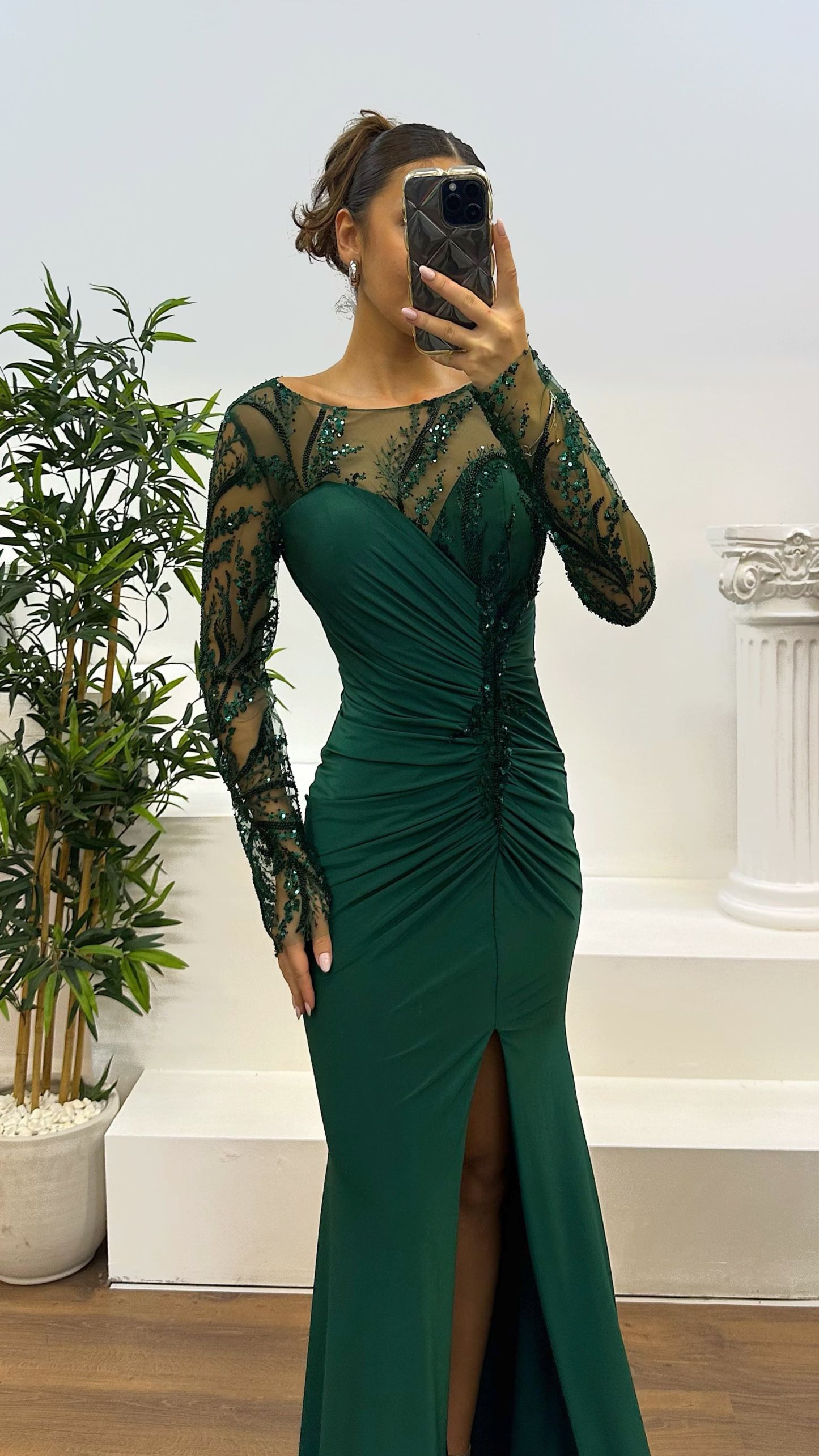 Embroidered Drape Detail Evening Dress