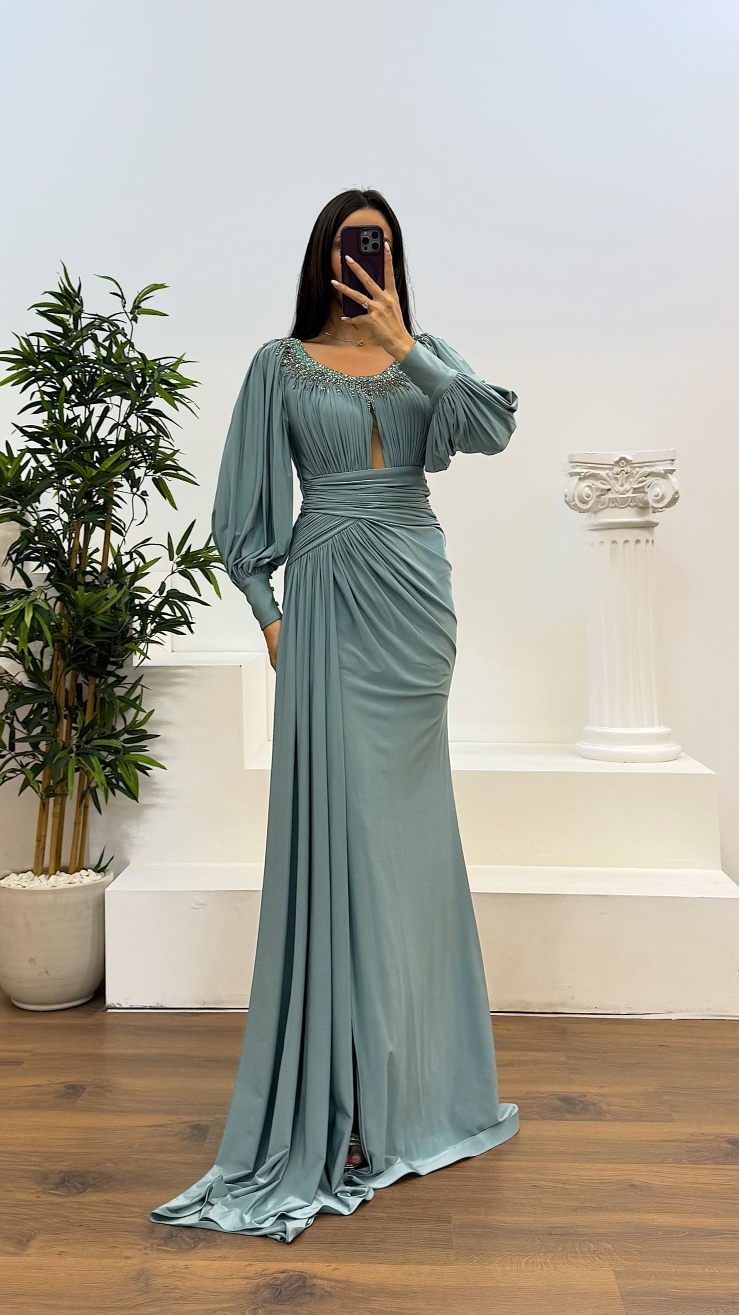 Collar Stone Detail Evening Dress