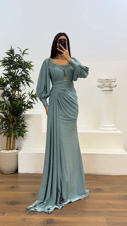 Collar Stone Detail Evening Dress