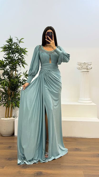 Collar Stone Detail Evening Dress