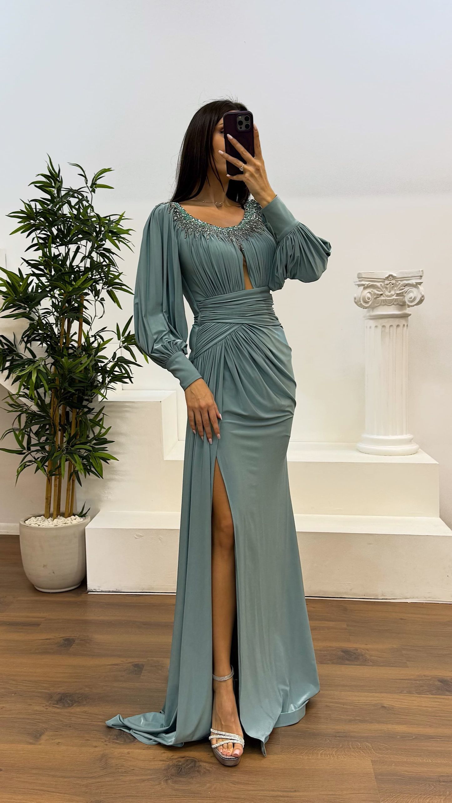 Collar Stone Detail Evening Dress