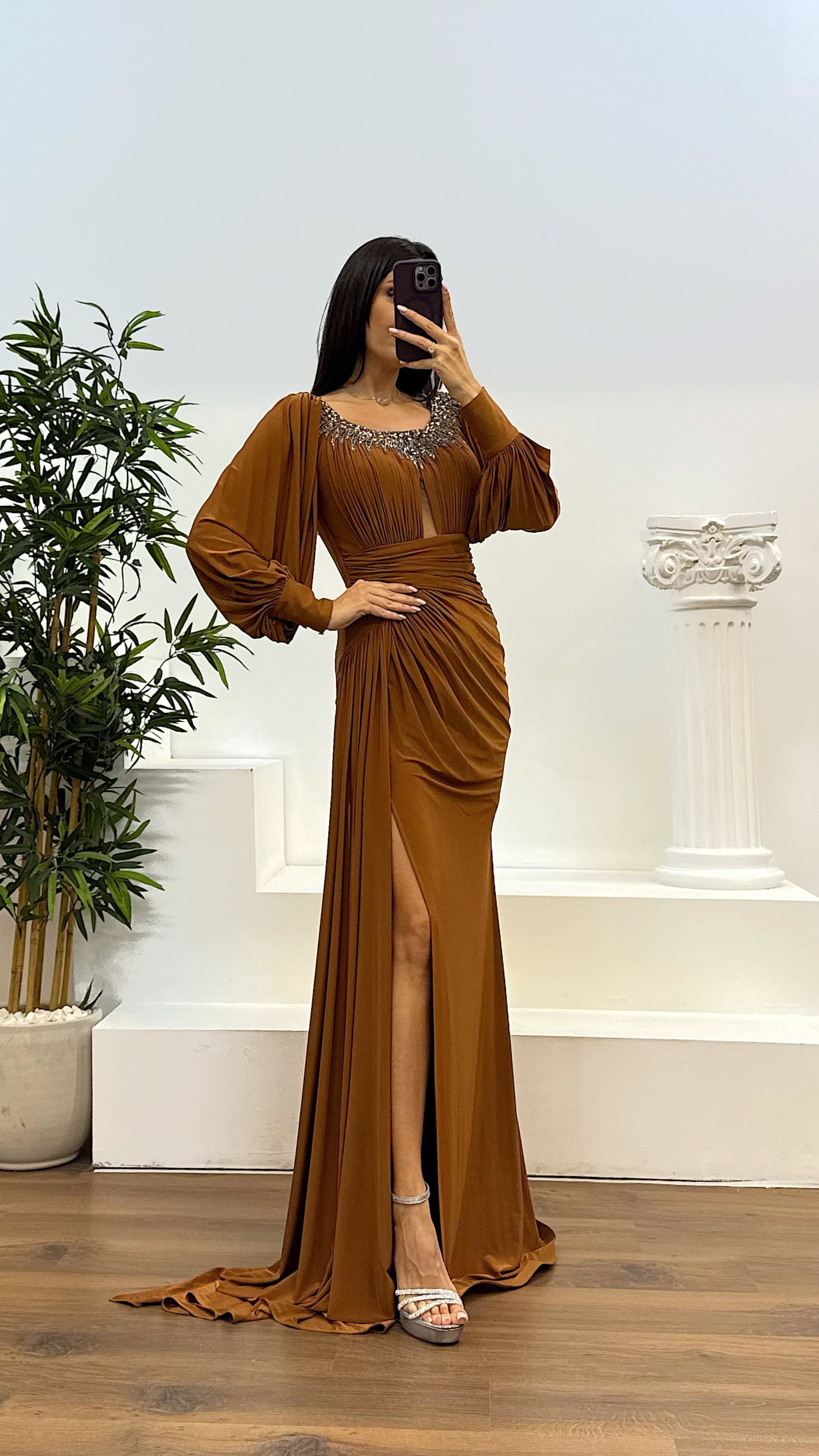 Collar Stone Detail Evening Dress