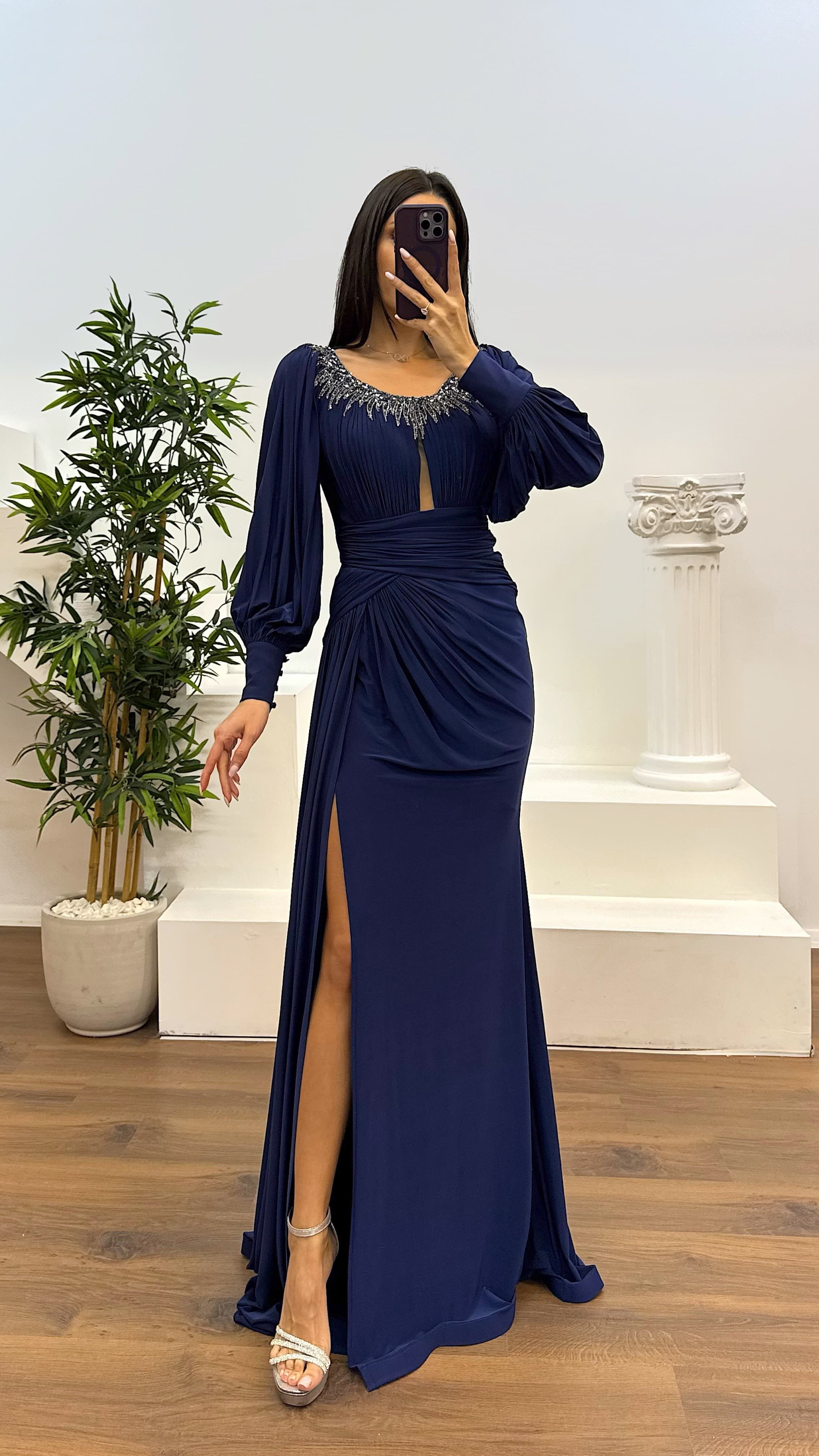 Collar Stone Detail Evening Dress