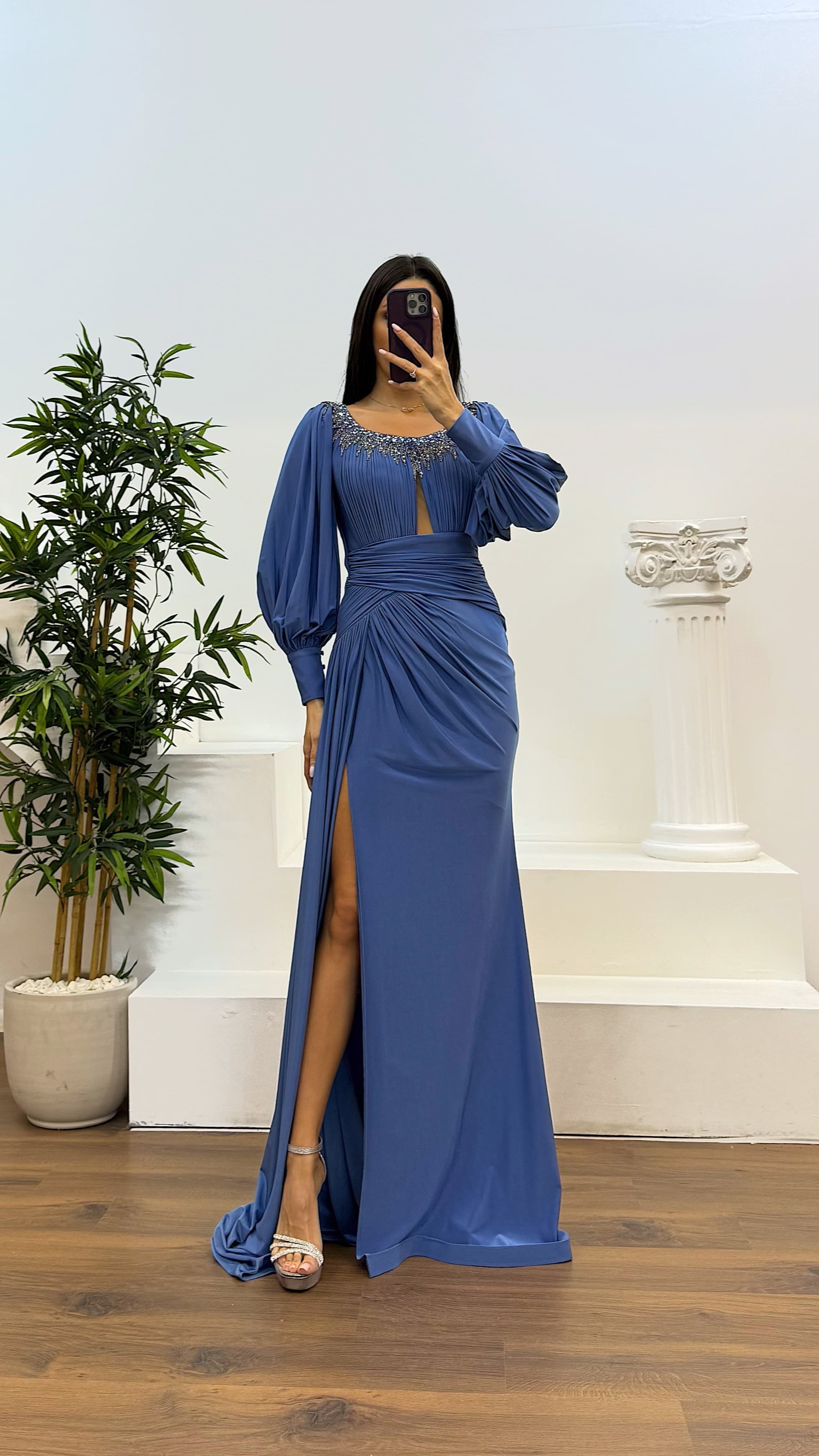 Collar Stone Detail Evening Dress