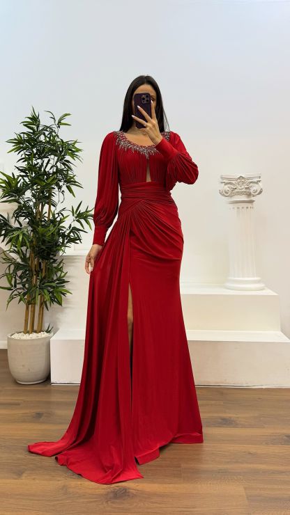 Collar Stone Detail Evening Dress