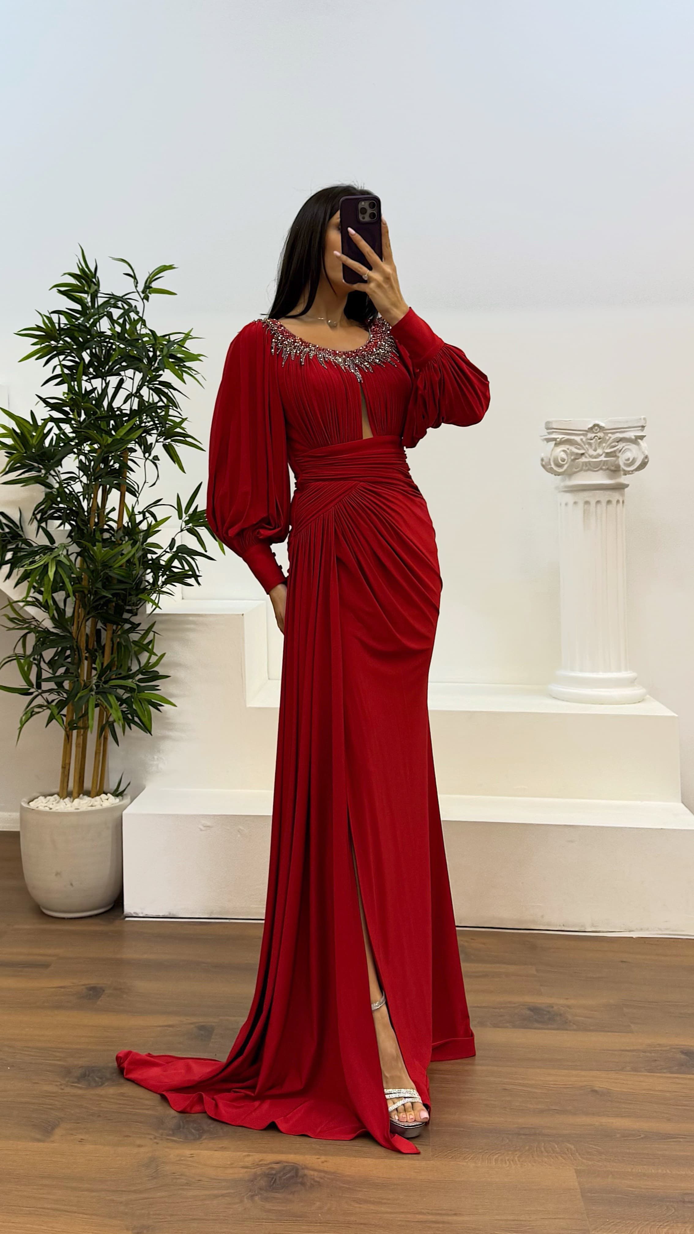 Collar Stone Detail Evening Dress