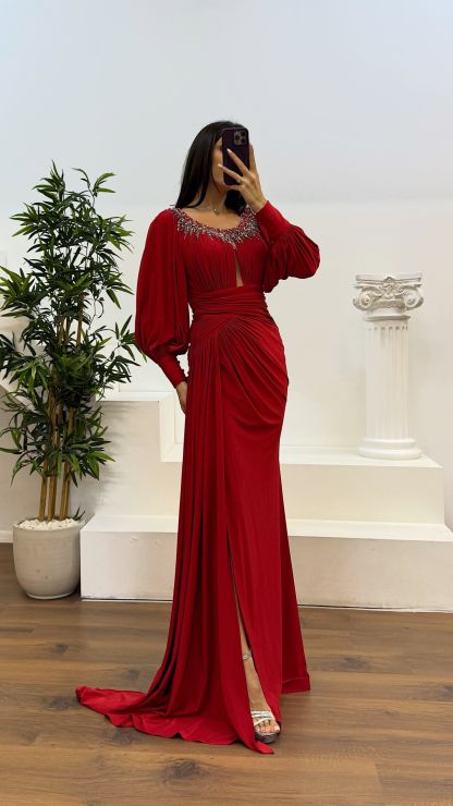 Collar Stone Detail Evening Dress