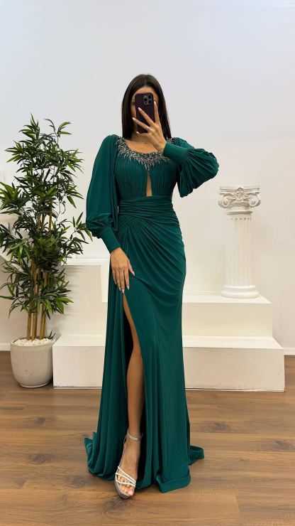 Collar Stone Detail Evening Dress