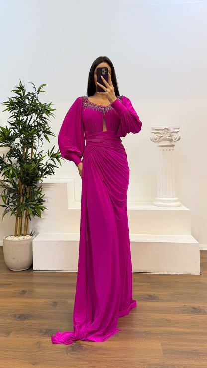 Collar Stone Detail Evening Dress